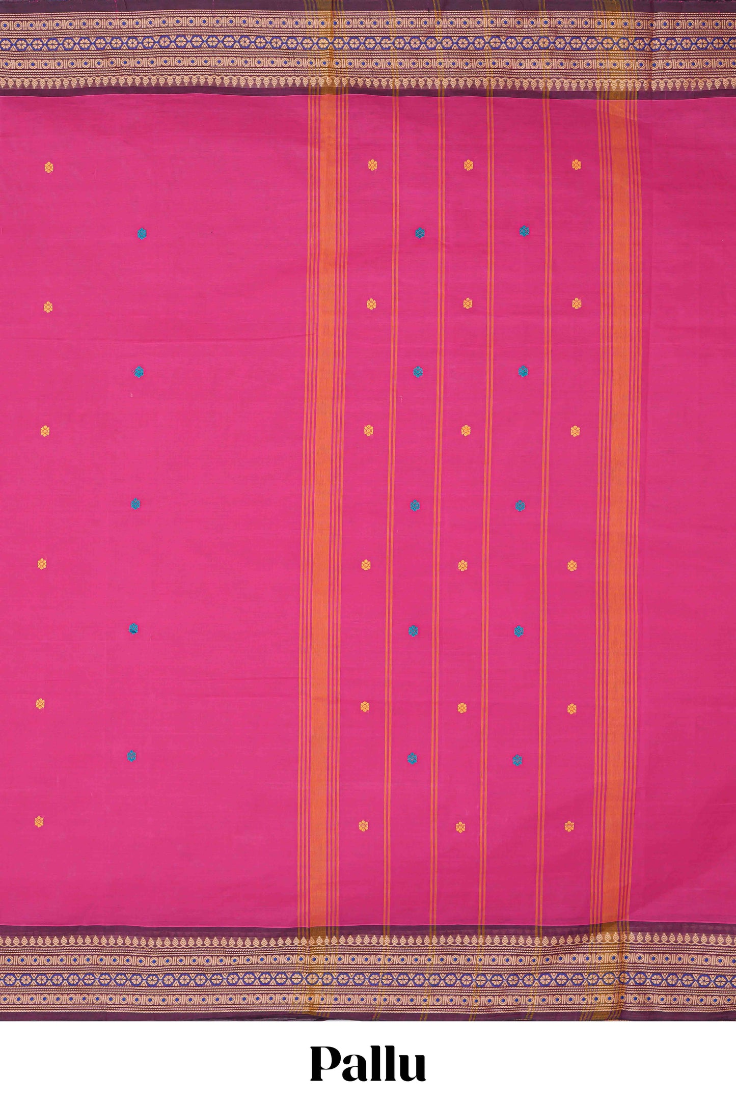 Pink thread butta chettinad cotton saree with contrast border and matching striped pallu