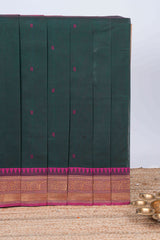 Dark green thread butta chettinad cotton saree with contrast border and matching striped pallu