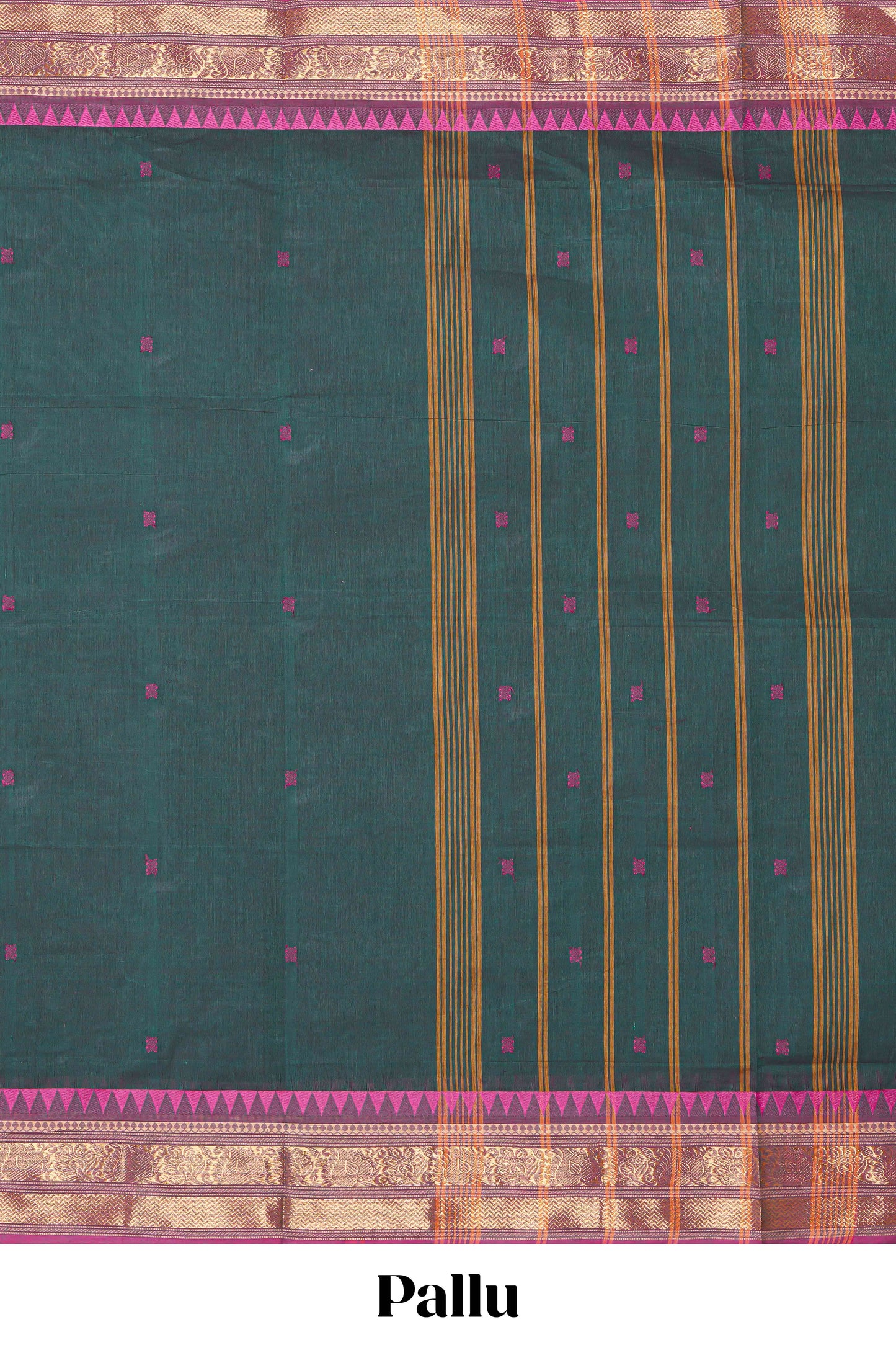 Dark green thread butta chettinad cotton saree with contrast border and matching striped pallu