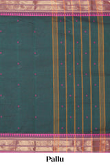 Dark green thread butta chettinad cotton saree with contrast border and matching striped pallu