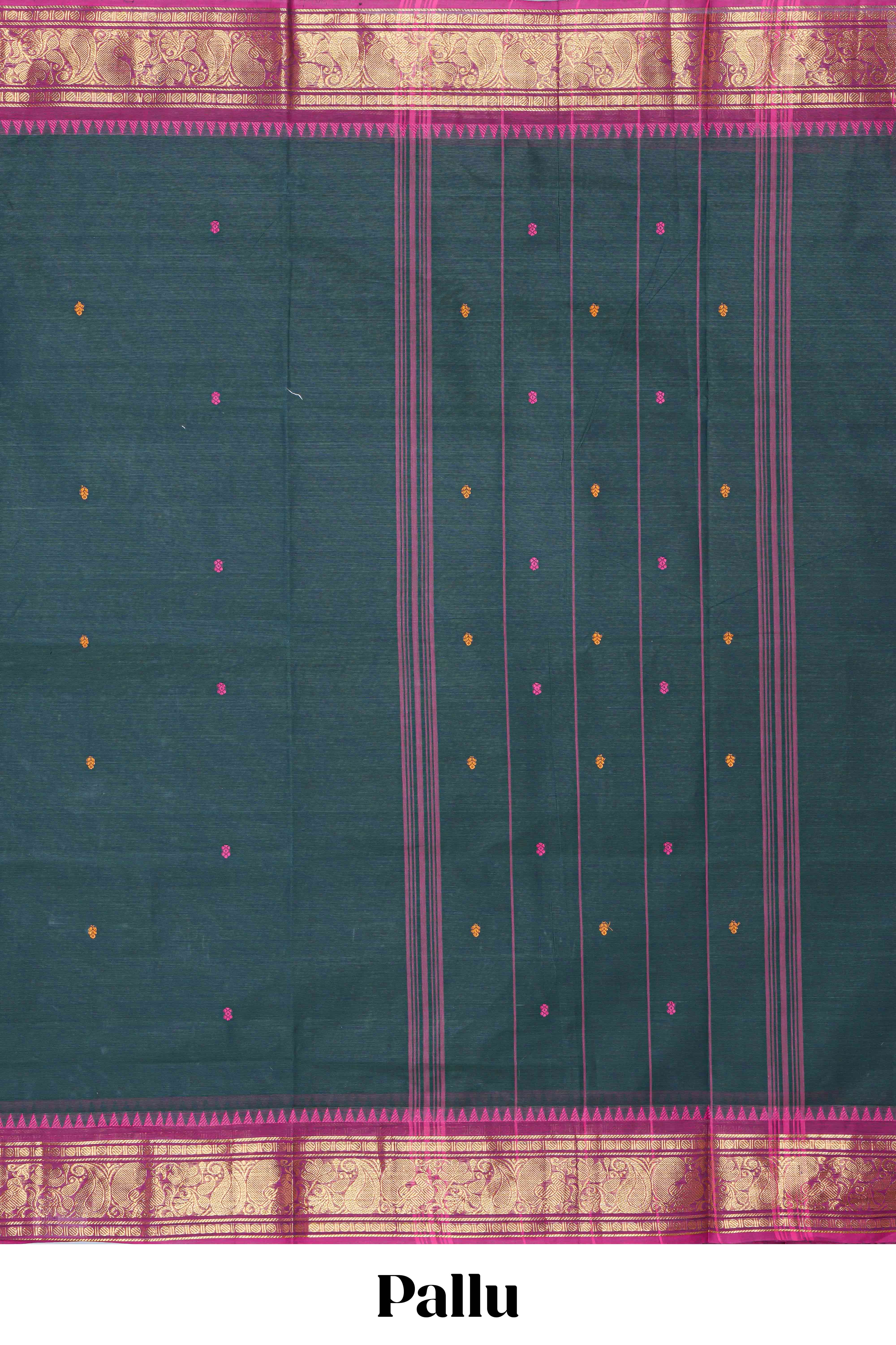 Green thread butta chettinad cotton saree with contrast border and matching striped pallu