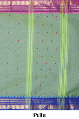 Emerald green thread butta chettinad cotton saree with contrast border and matching striped pallu