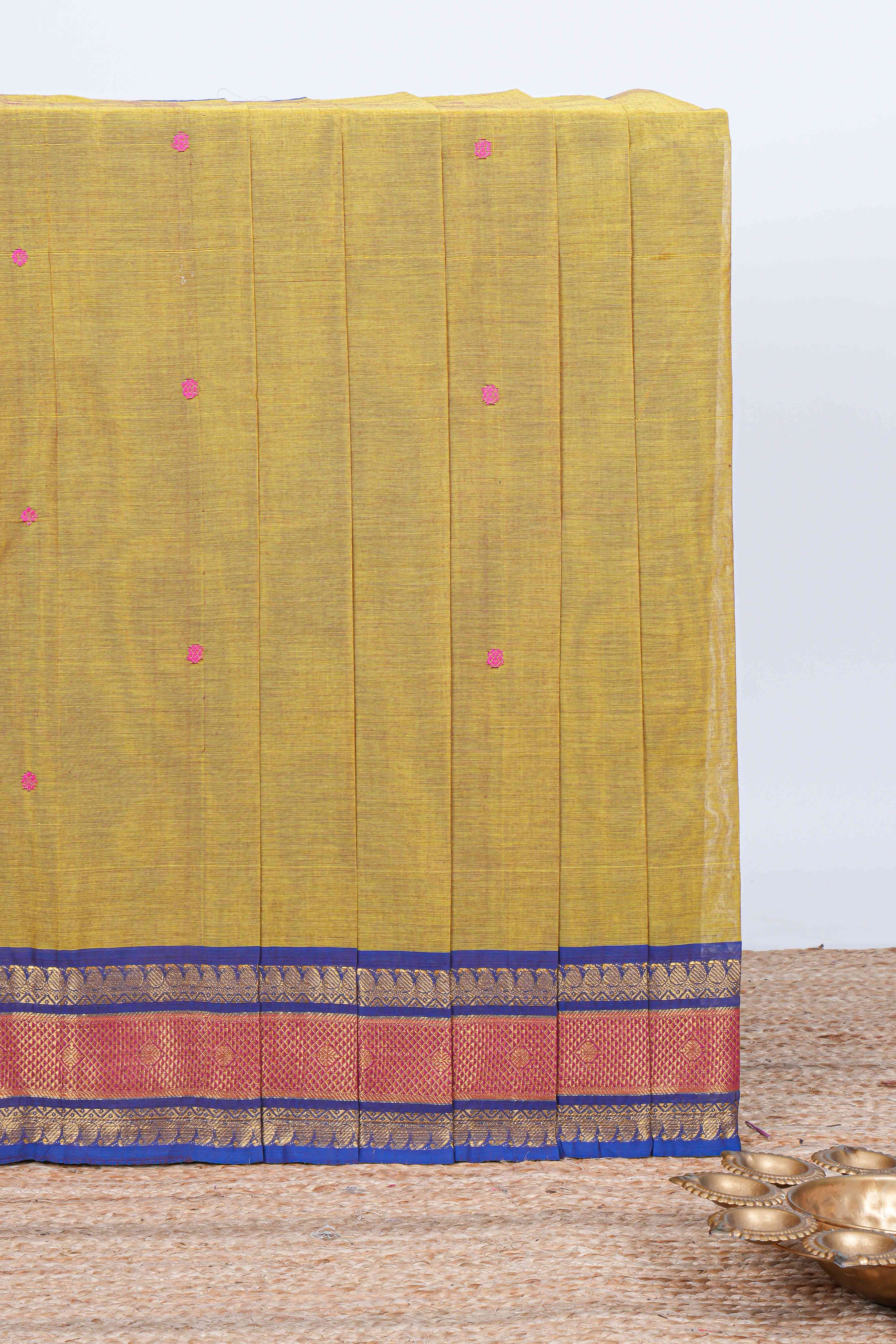 Mustard thread butta chettinad cotton saree with contrast border and matching striped pallu