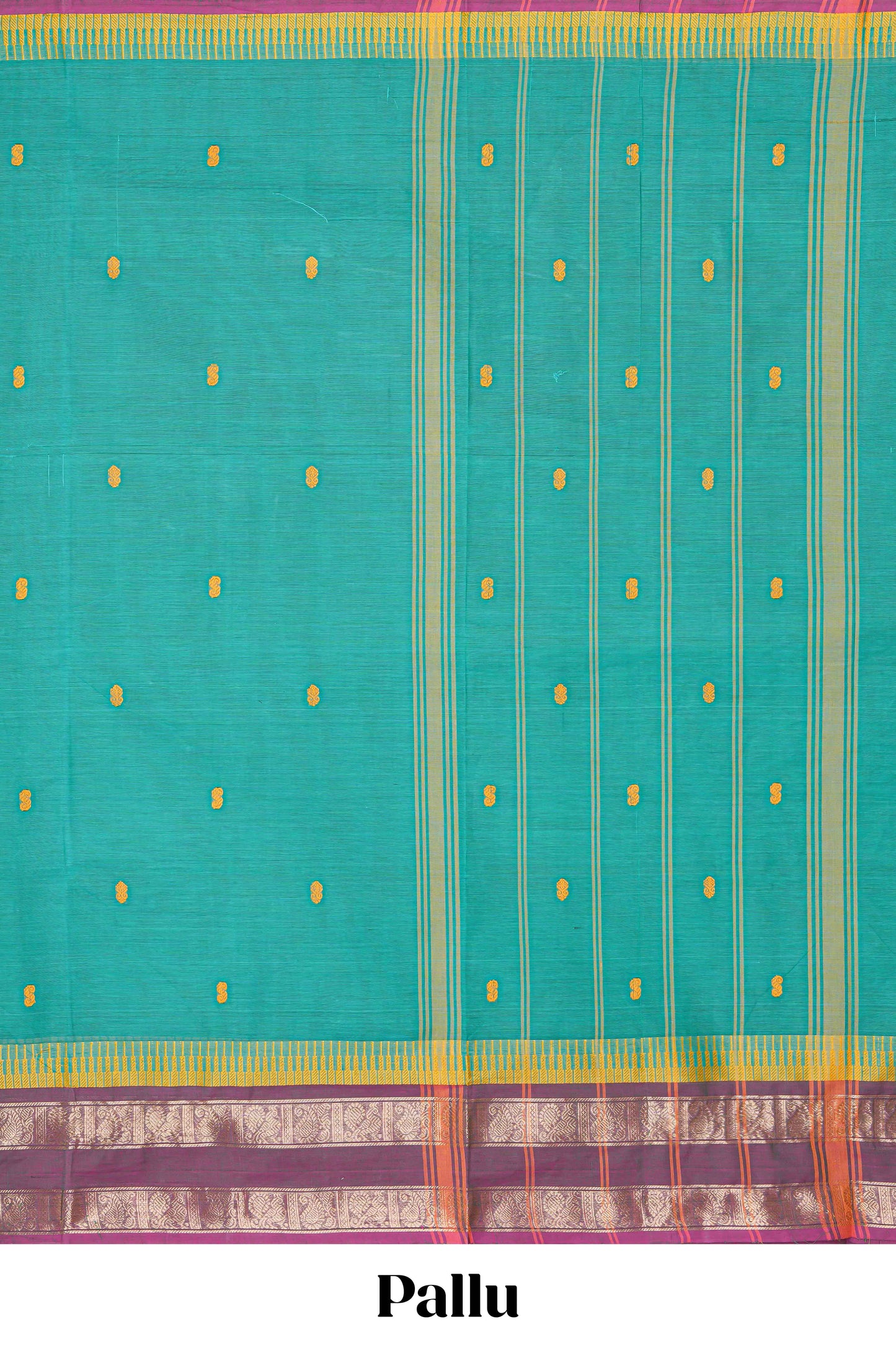 Turquoise green thread butta chettinad cotton saree with contrast border and matching striped pallu