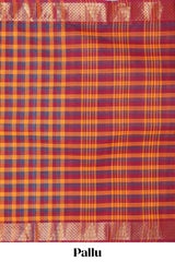 Multi color checked chettinad cotton saree with self zari border and matching striped pallu