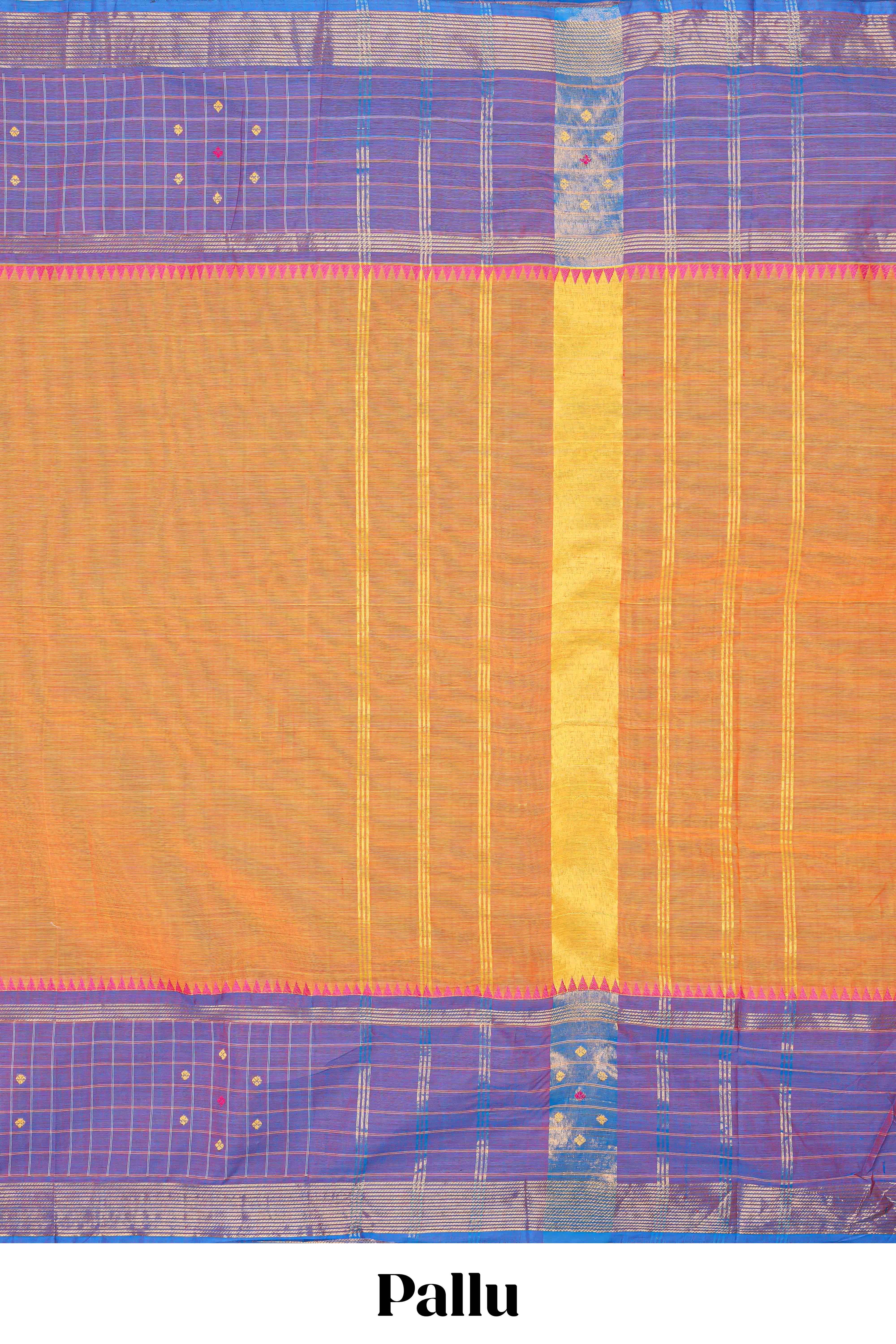Orange plain chettinad cotton saree with contrast checked border and matching striped pallu