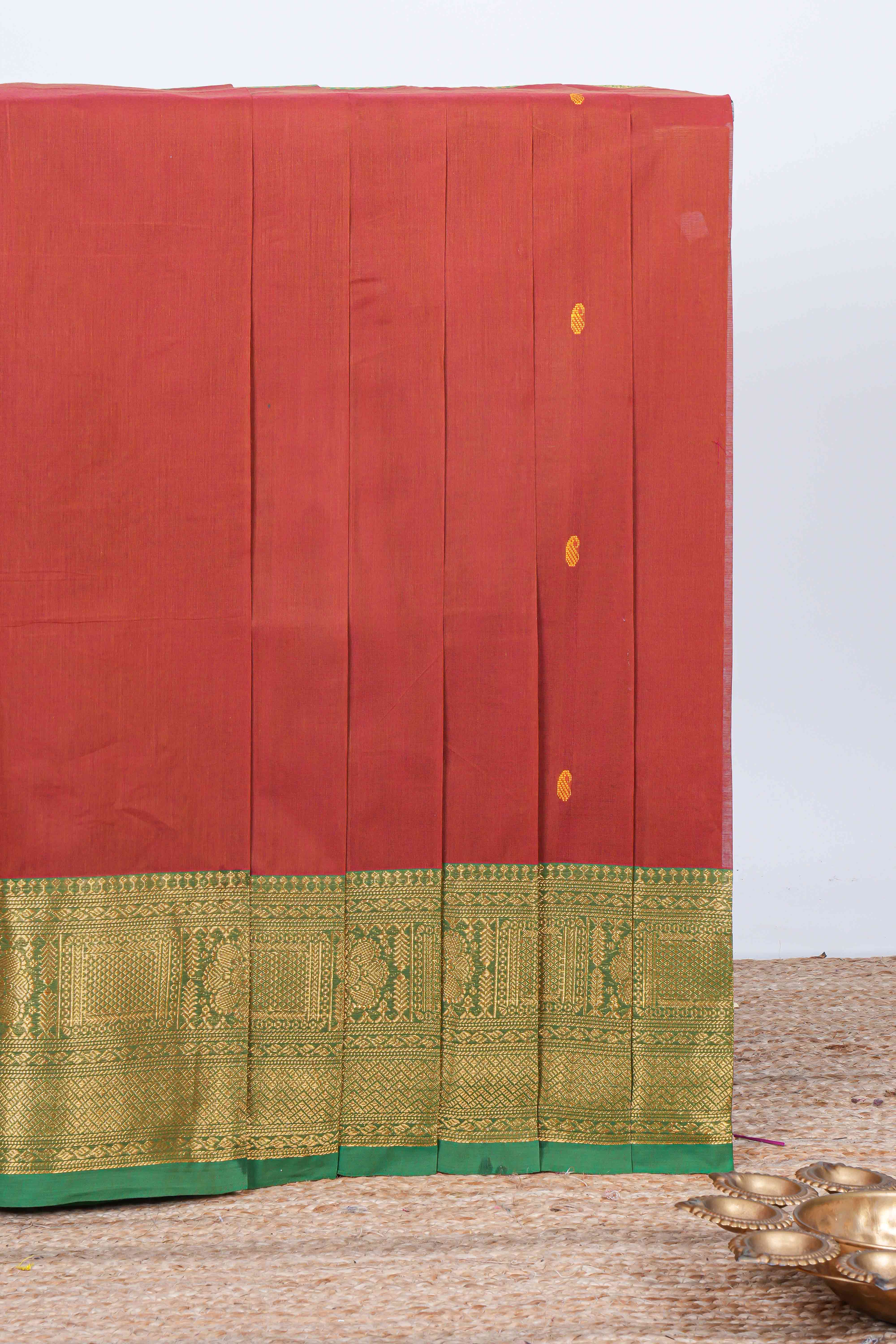 Red thread buttas chettinad cotton saree with contrast border and matching striped pallu