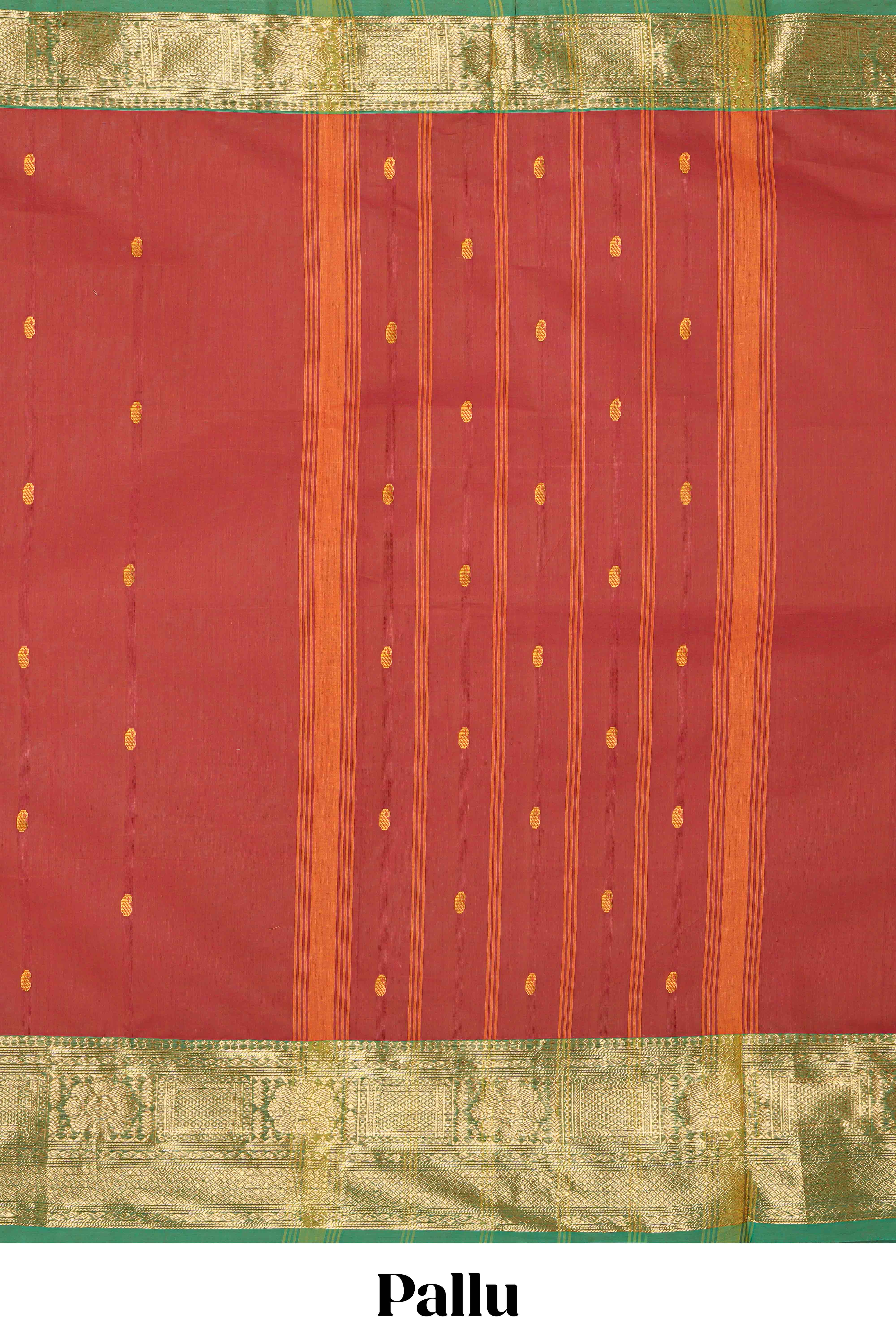 Red thread buttas chettinad cotton saree with contrast border and matching striped pallu