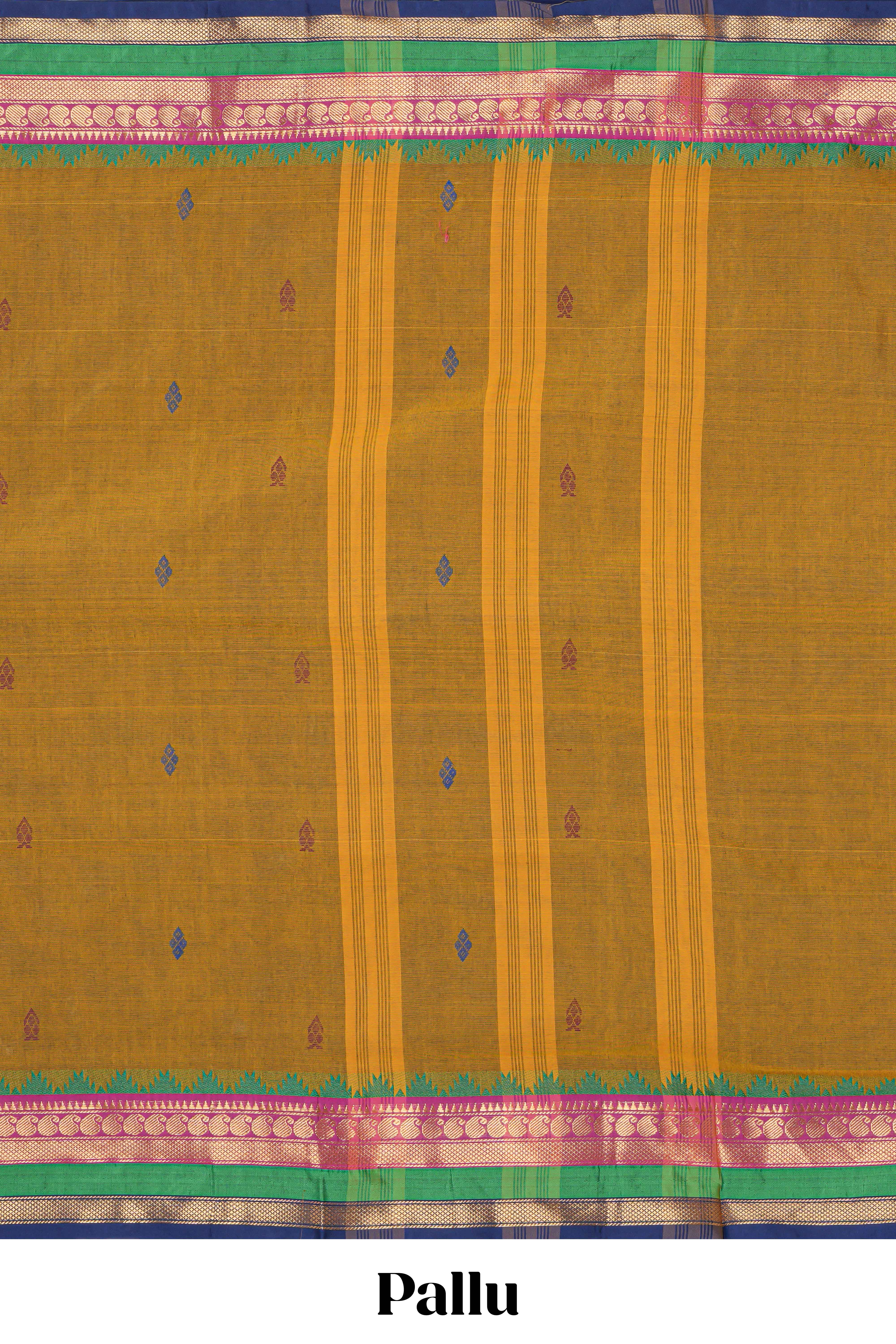 Mustard yellow chettinad cotton saree with all over thread buttas contrast border and matching pallu along with blouse piece