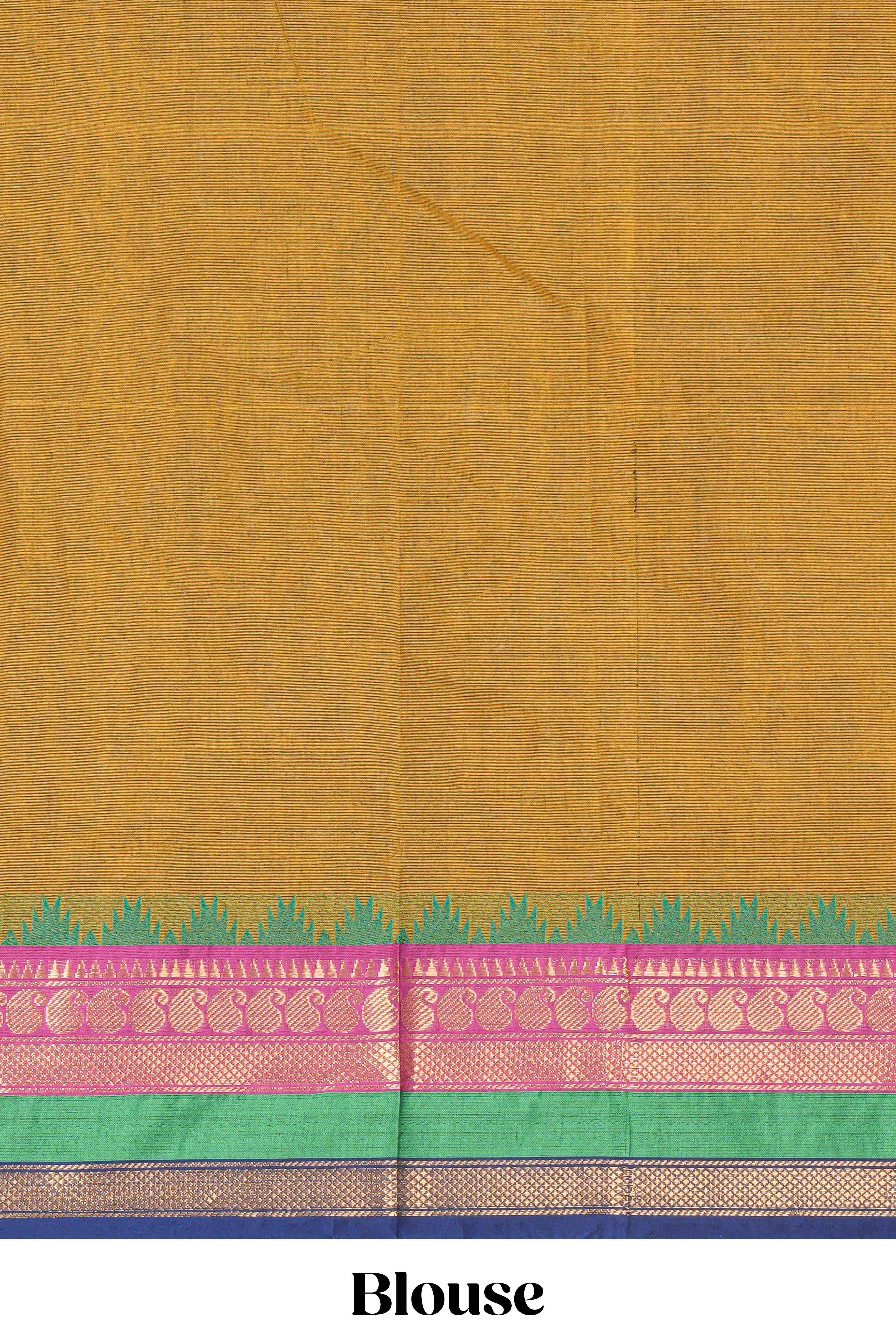 Mustard yellow chettinad cotton saree with all over thread buttas contrast border and matching pallu along with blouse piece