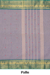 Grey colour chettinad cotton saree all over thread butta with contrast border and matching pallu along with blouse