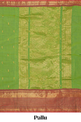 Parrotgreen colour chettinad cotton saree all over thread butta with contrast border and matching pallu along with blouse