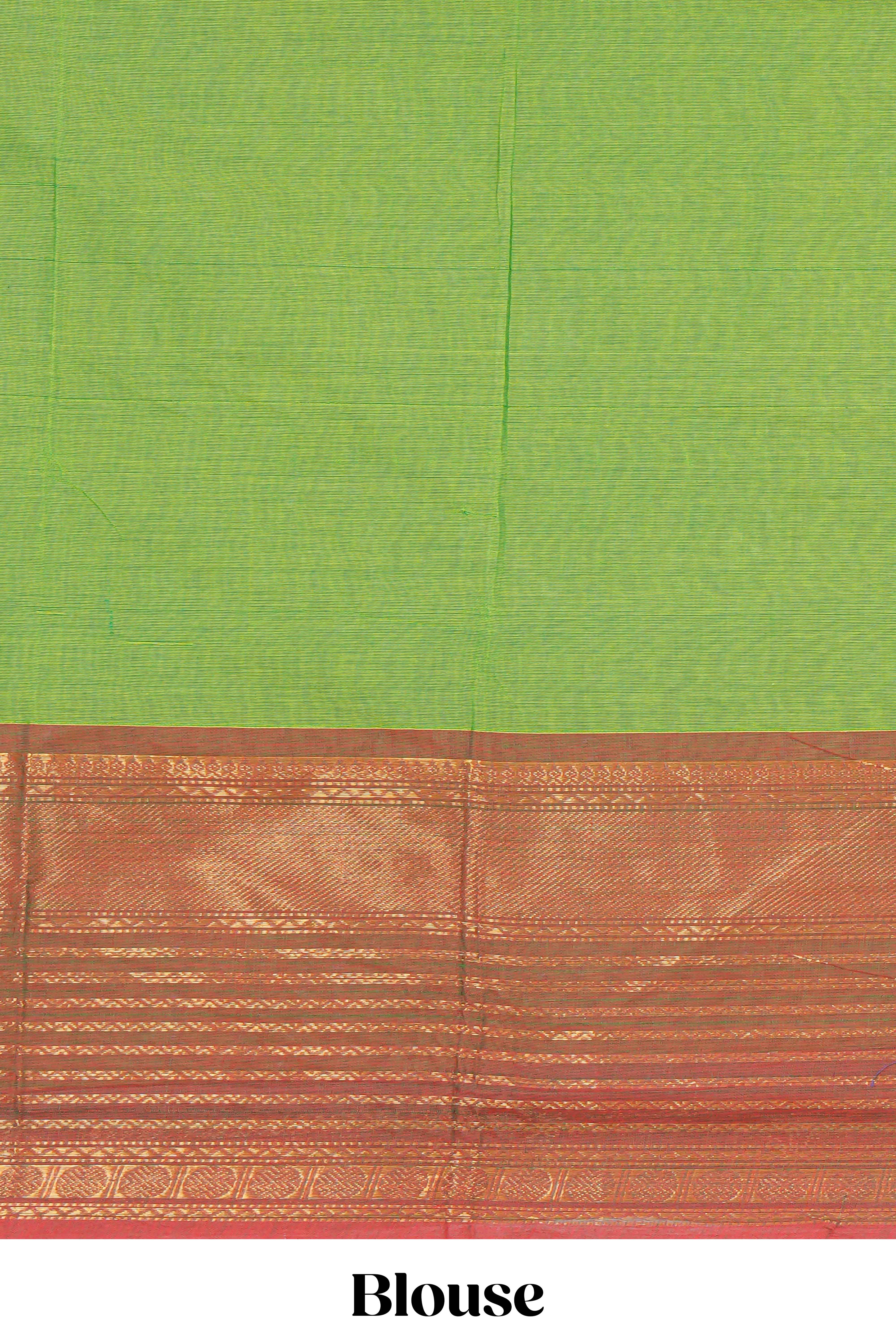 Parrotgreen colour chettinad cotton saree all over thread butta with contrast border and matching pallu along with blouse