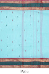 sky blue colour chettinad cotton saree all over thread butta with contrast border and zari pallu along with blouse