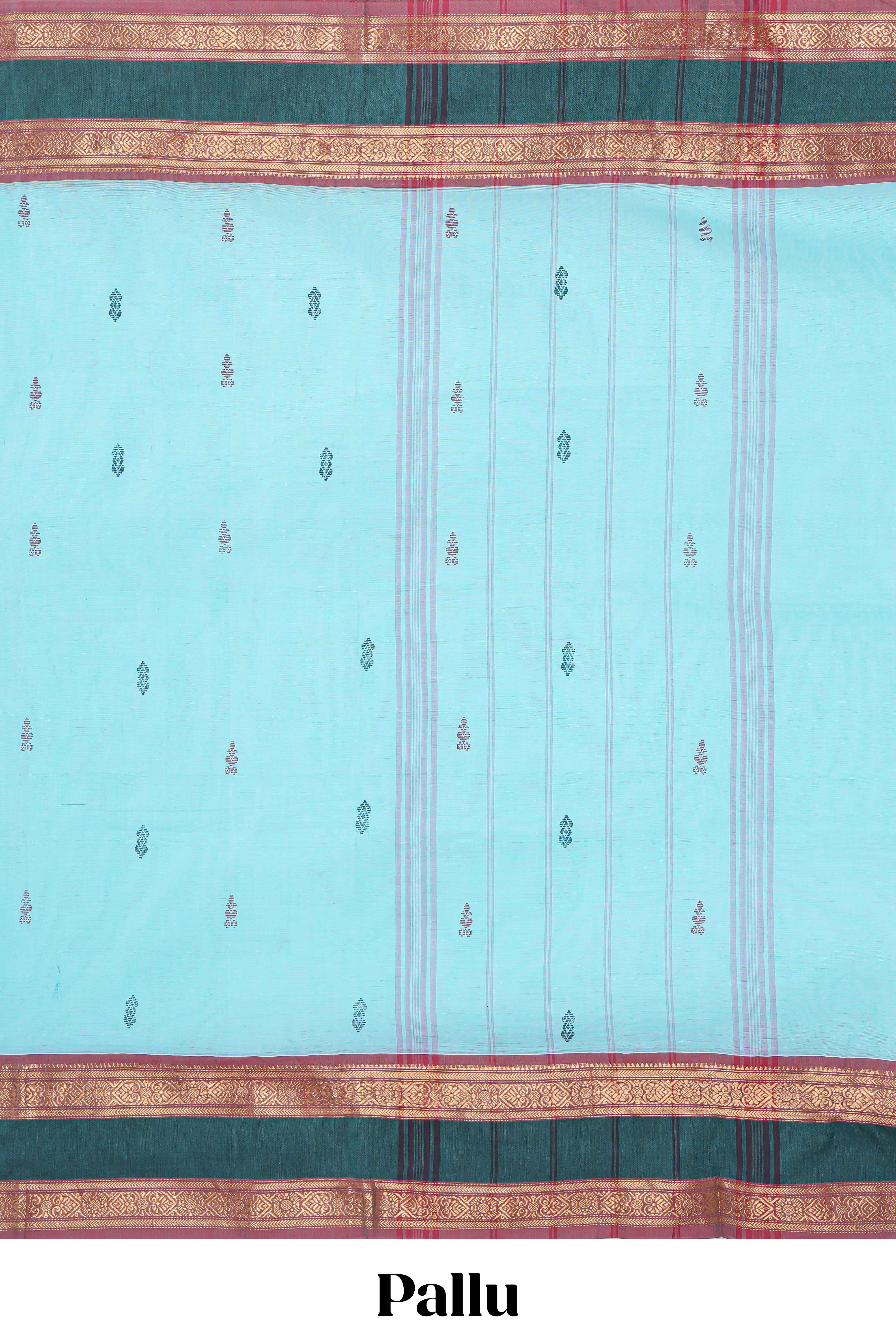 sky blue colour chettinad cotton saree all over thread butta with contrast border and zari pallu along with blouse