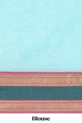 sky blue colour chettinad cotton saree all over thread butta with contrast border and zari pallu along with blouse