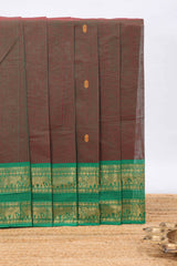 Brown butta chettinad cotton saree with contrast bentex border and matching blouse