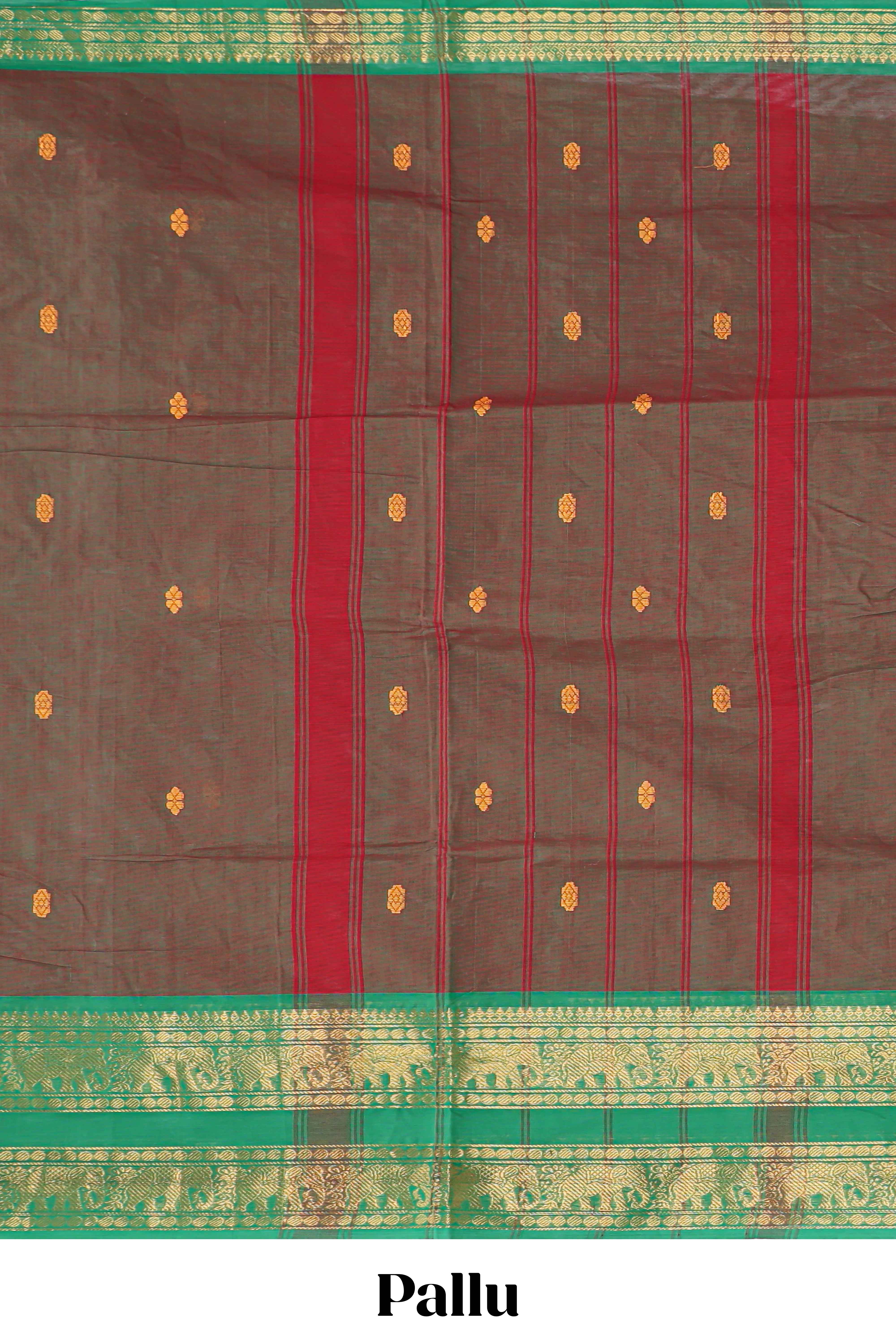 Brown butta chettinad cotton saree with contrast bentex border and matching blouse