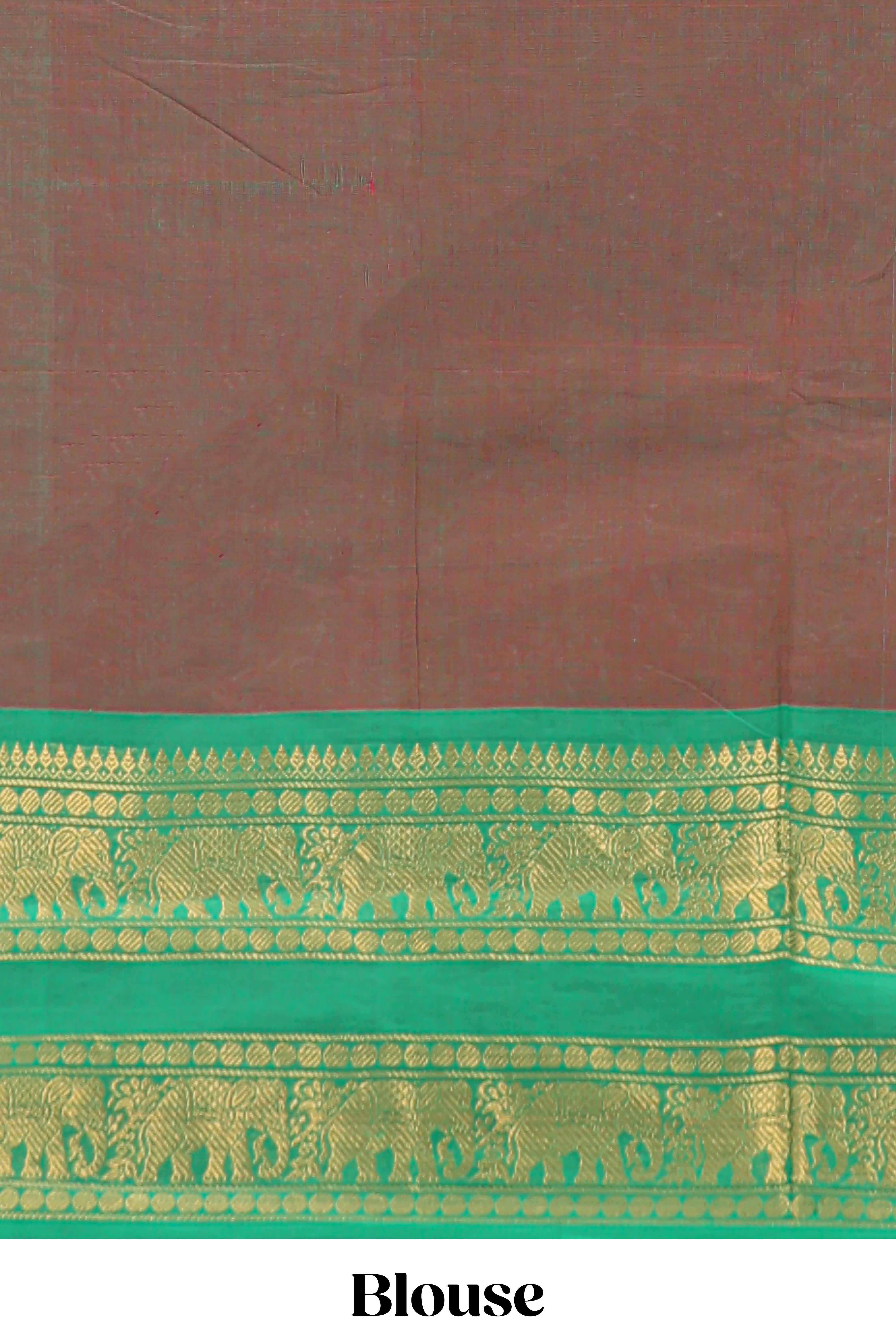 Brown butta chettinad cotton saree with contrast bentex border and matching blouse