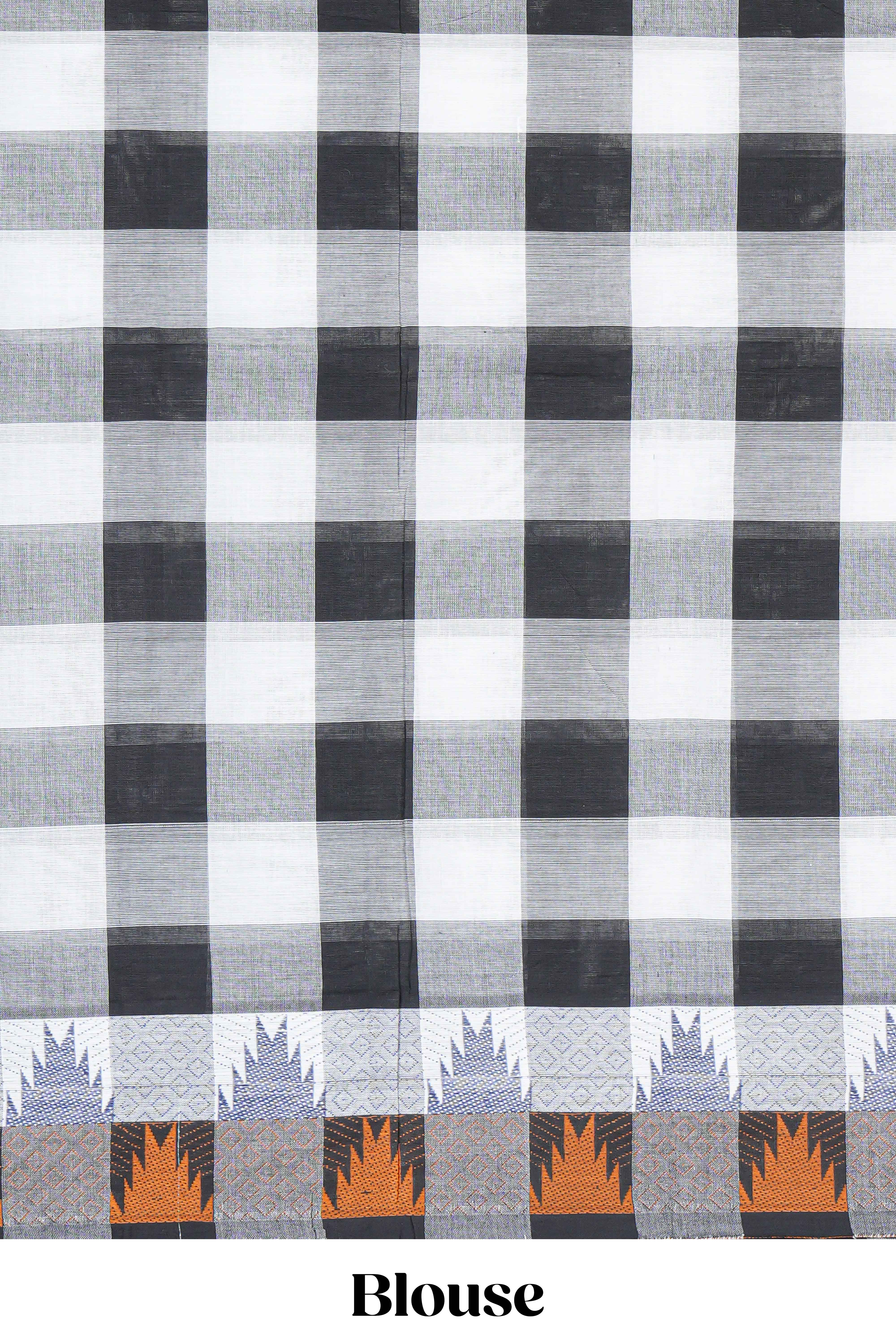 Black and white colour chettinad cotton sareewith self border and self pallu along with blouse piece