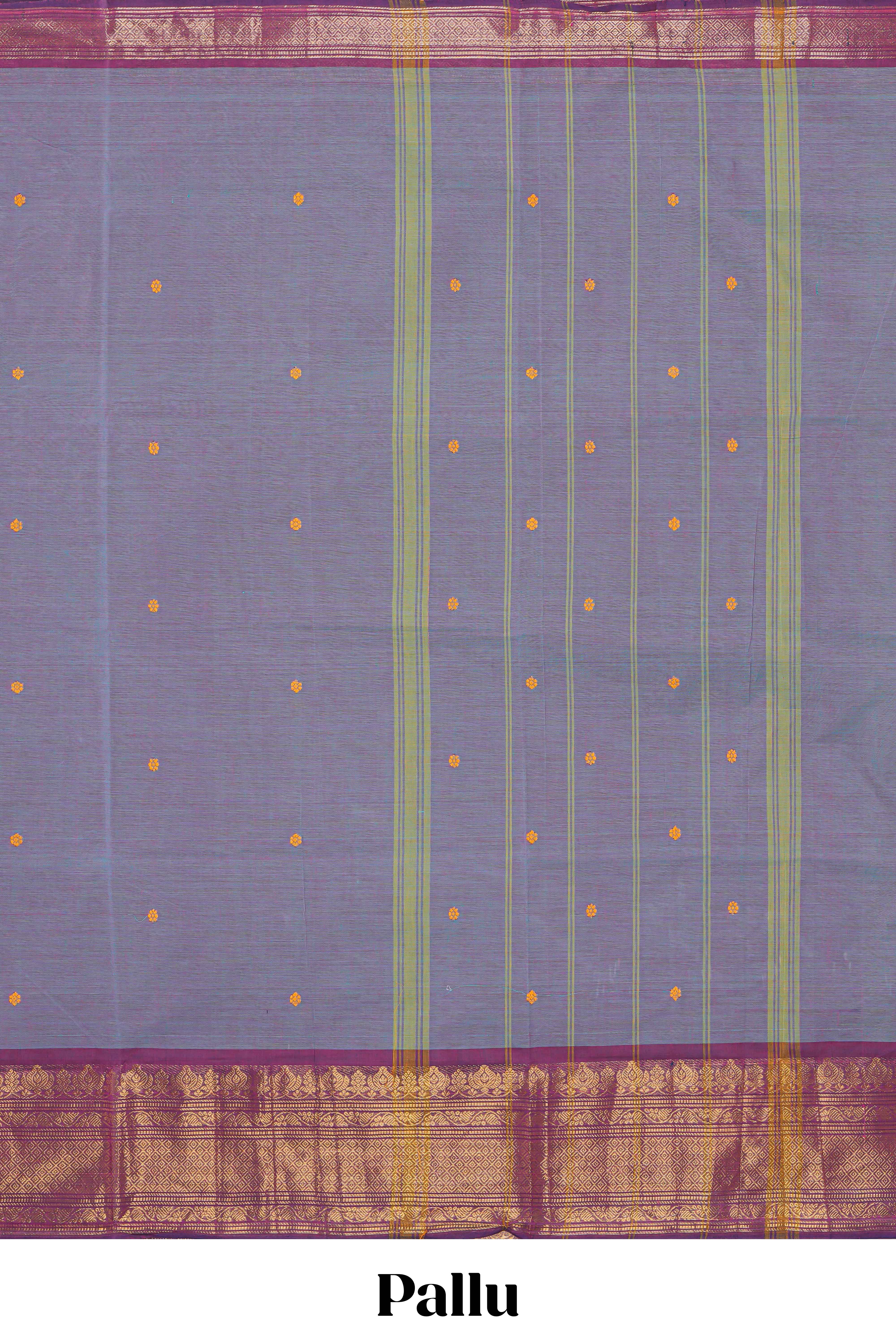 Lavender colour chettinad cotton saree all over thread butta with contrast border and self pallu along with blouse piece