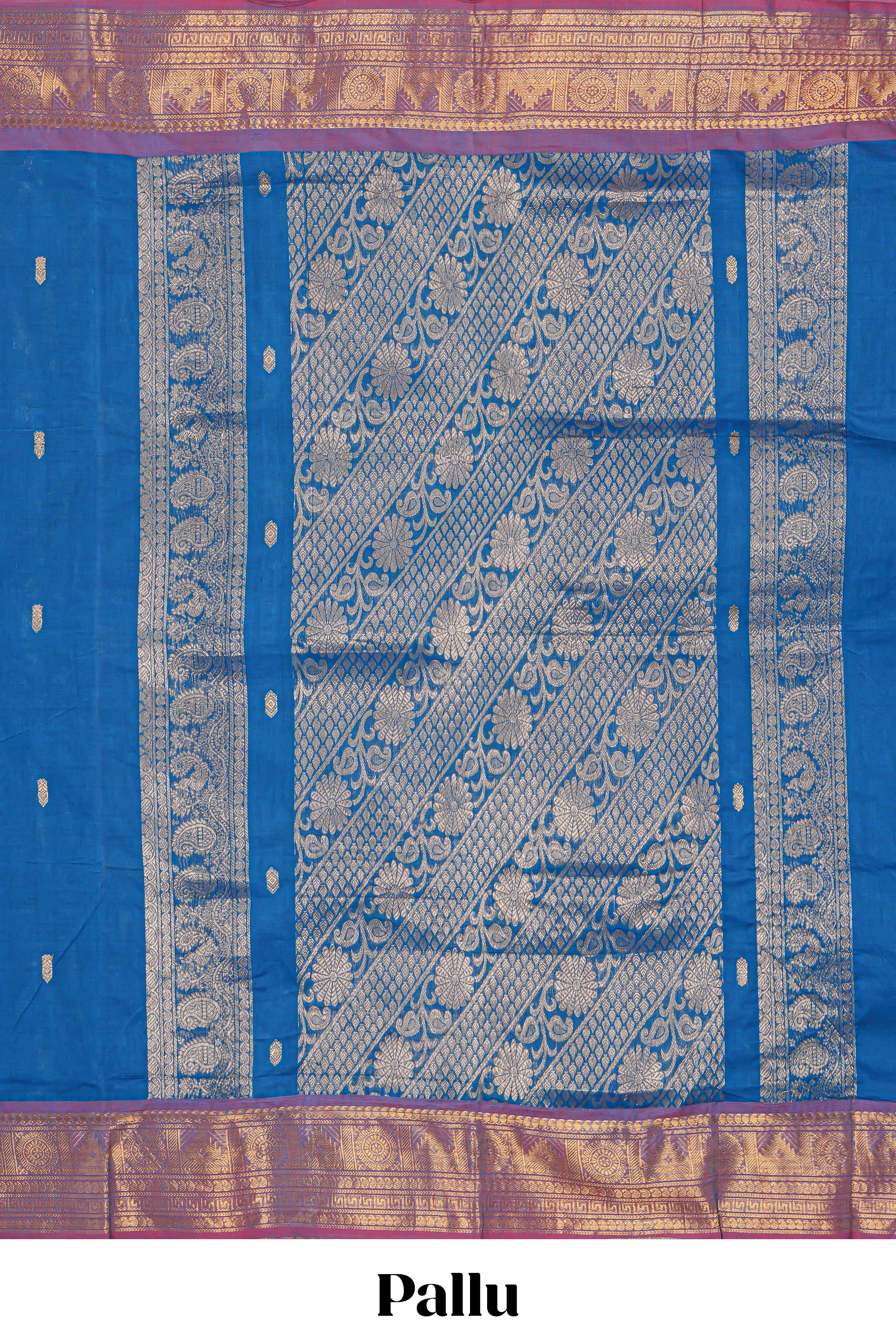 Royal blue colour chettinad cotton saree all over thread butta with contrast border and zari pallu along with blouse piece