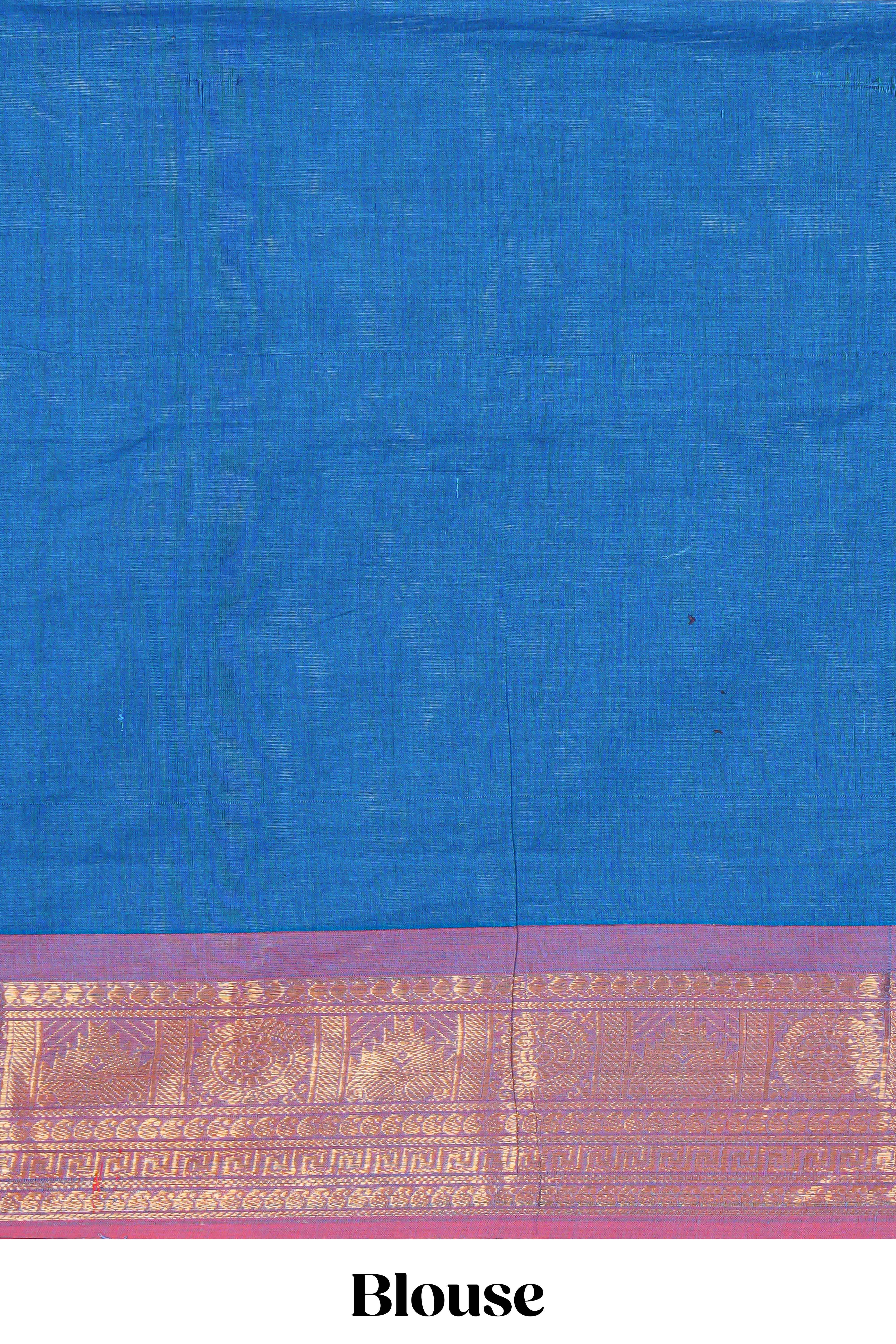 Royal blue colour chettinad cotton saree all over thread butta with contrast border and zari pallu along with blouse piece