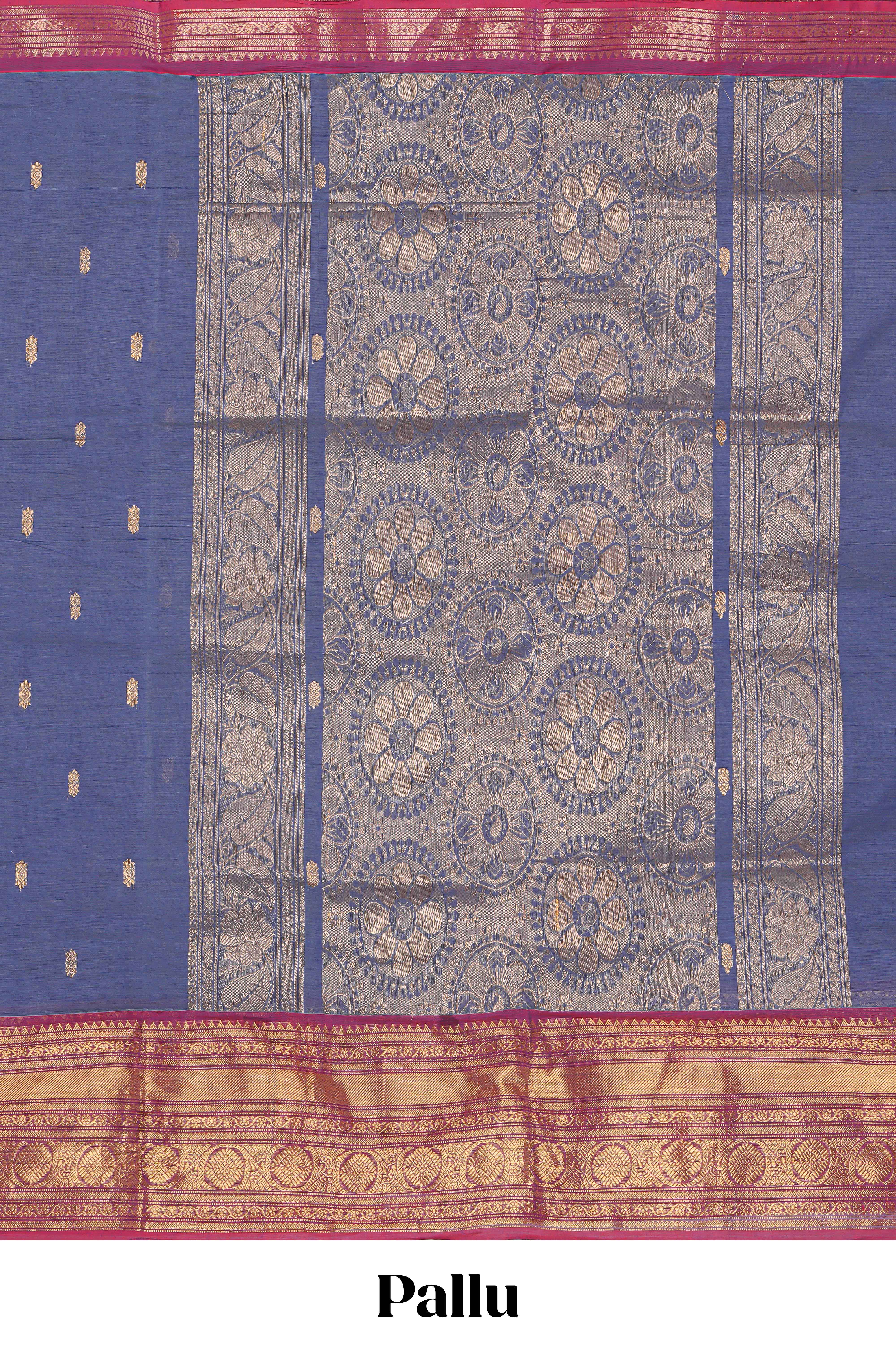 Blue colour chettinad cotton saree all over thread butta with contrast border and zari pallu along with blouse piece