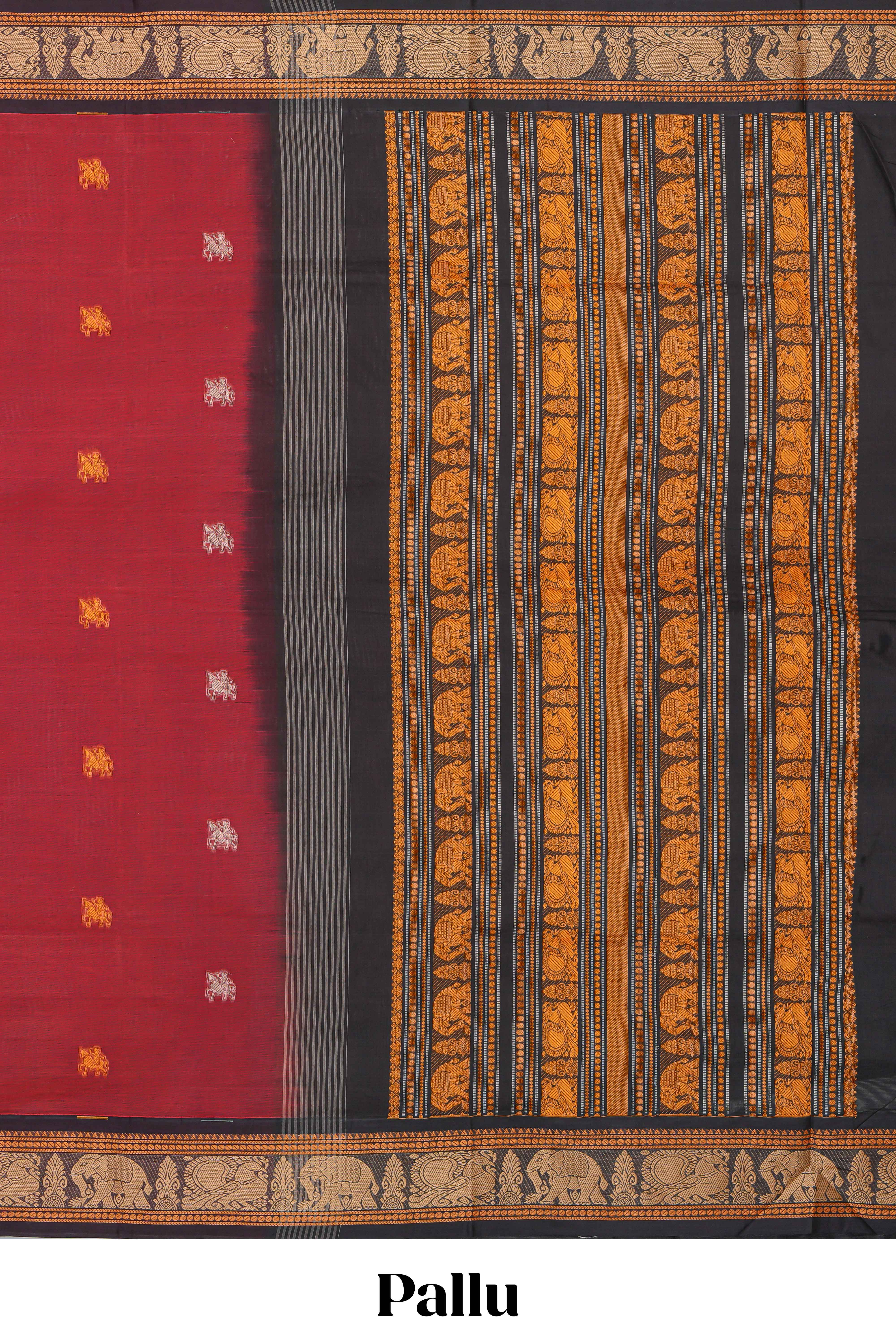 Red colour chettinad cotton saree plain body with contrast border and contrast pallu along with blouse piece