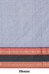 Grey colour chettinad cotton saree plain body with contrast border and self pallu along with blouse piece