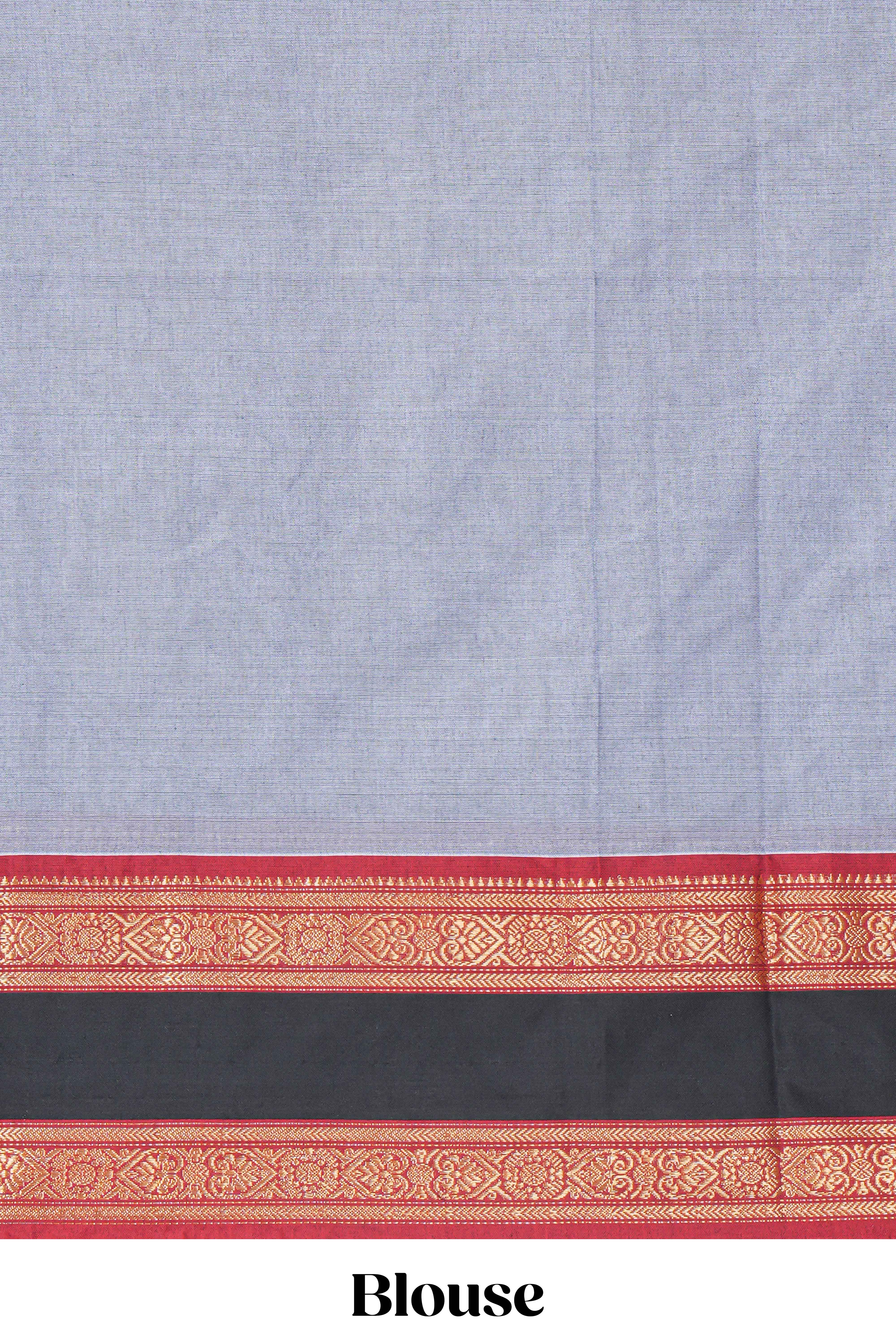 Grey colour chettinad cotton saree plain body with contrast border and self pallu along with blouse piece