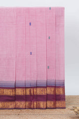 Pink colour chettinad cotton saree all over thread buttas with contrast border and self pallu along with blouse piece