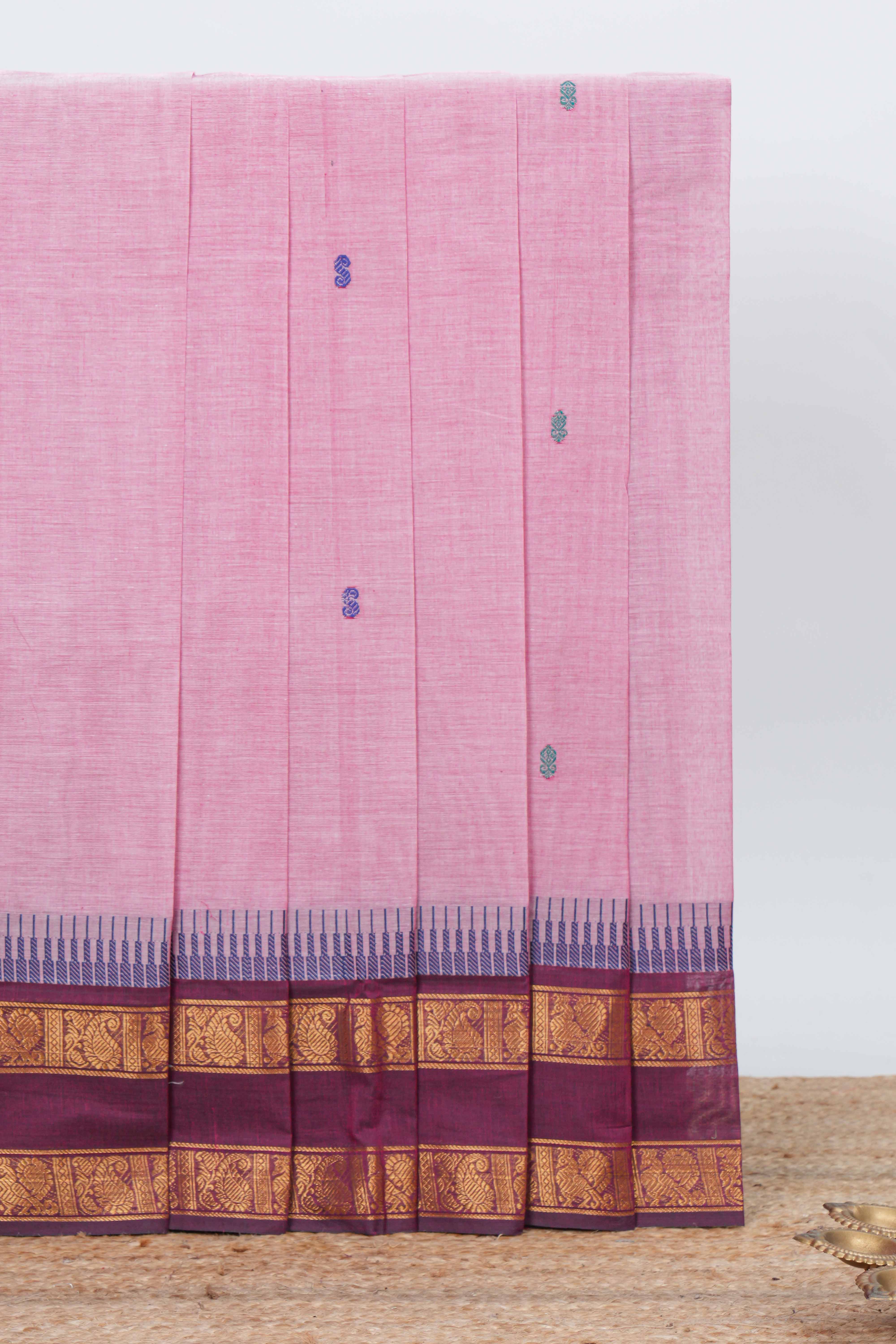 Pink colour chettinad cotton saree all over thread buttas with contrast border and self pallu along with blouse piece