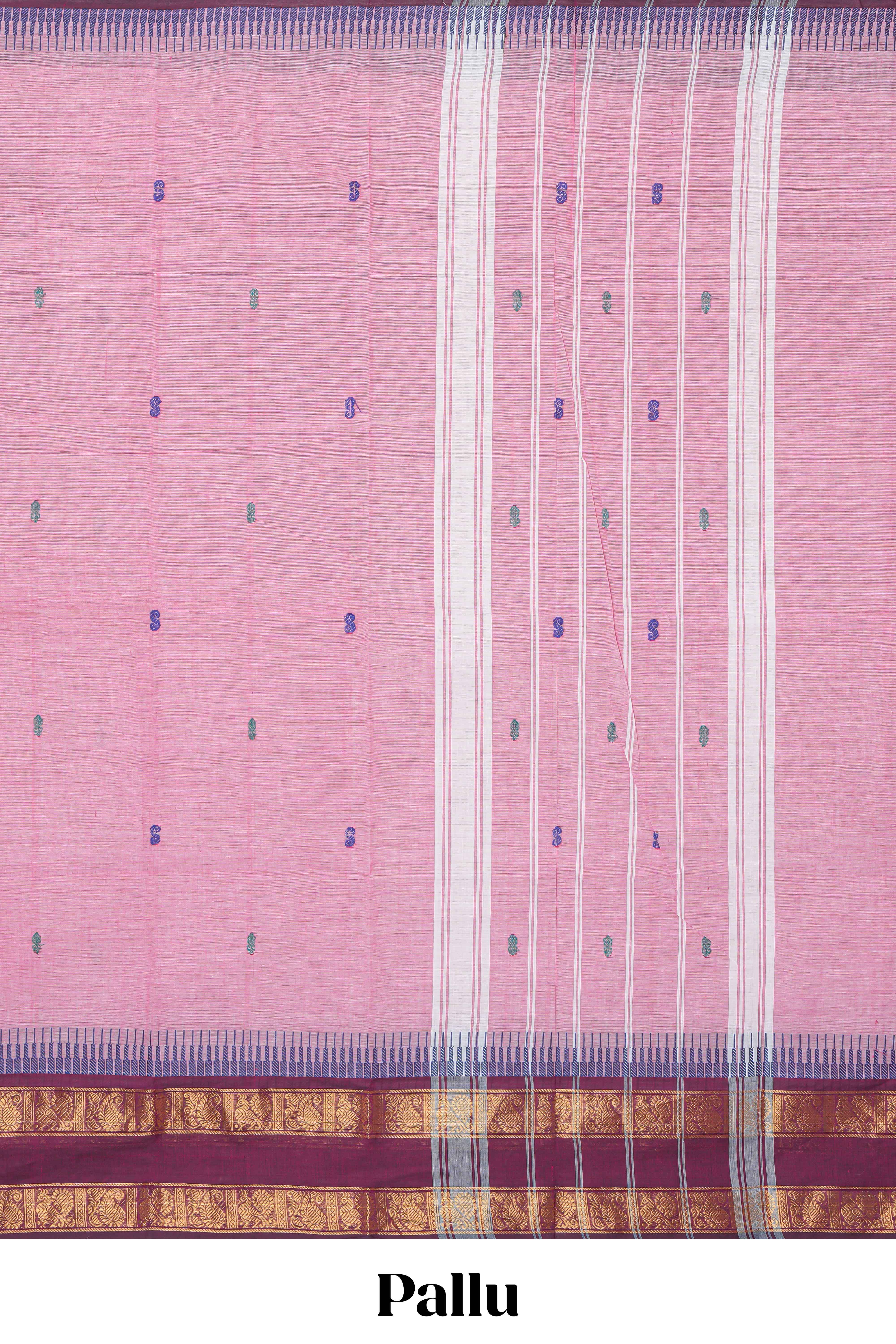 Pink colour chettinad cotton saree all over thread buttas with contrast border and self pallu along with blouse piece