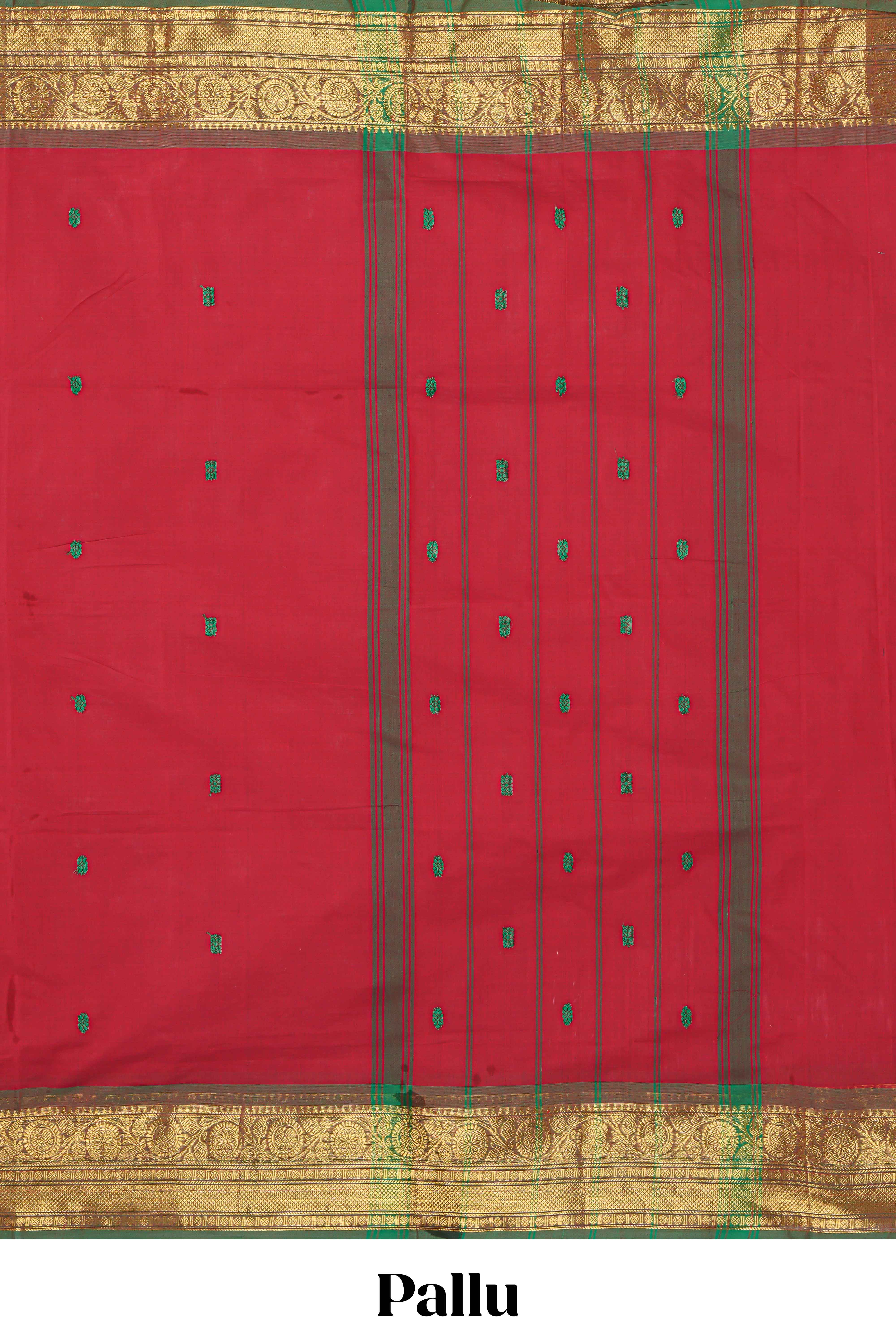 Red colour chettinad cotton saree all over thread buttas with contrast border and self pallu along with blouse piece