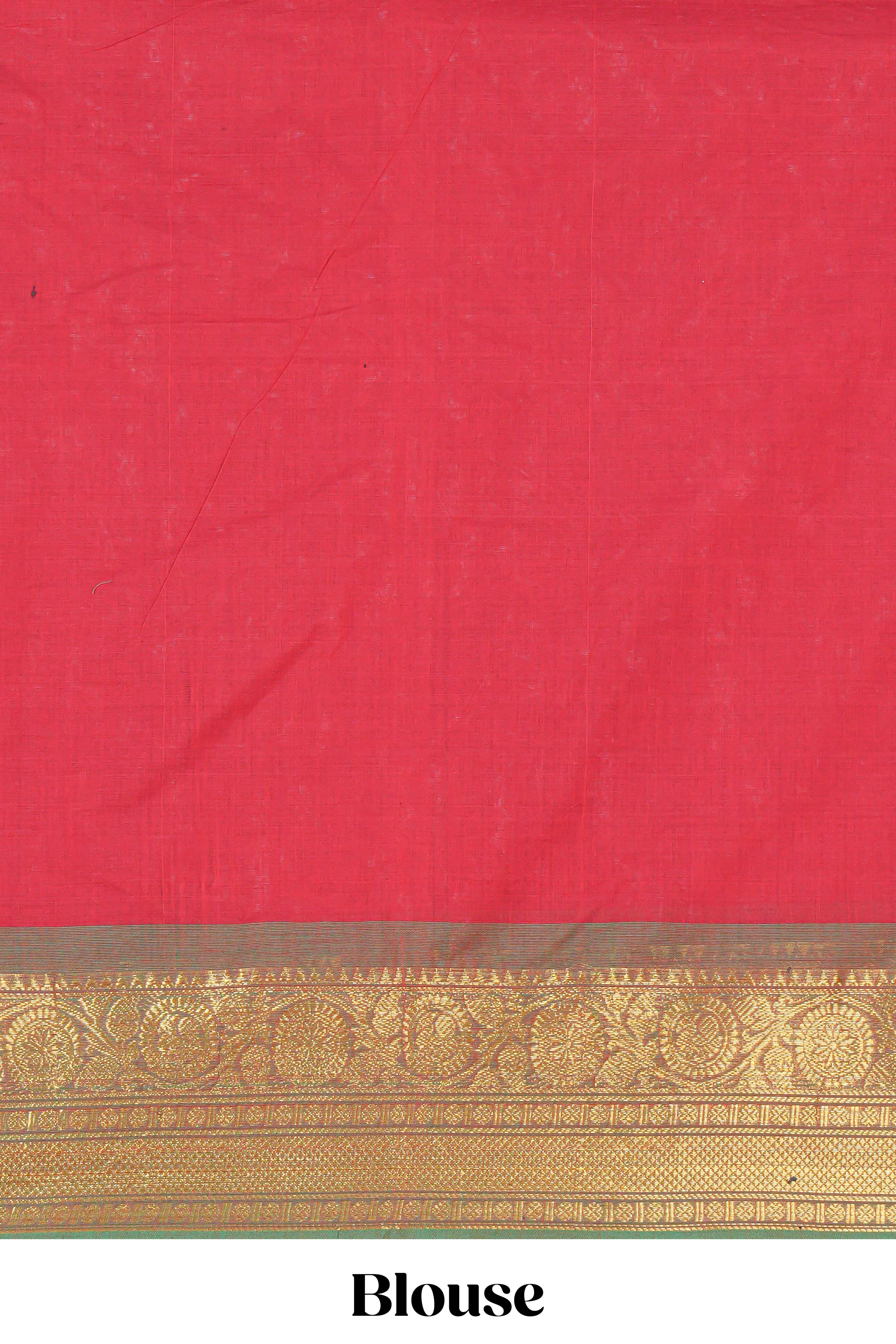 Red colour chettinad cotton saree all over thread buttas with contrast border and self pallu along with blouse piece
