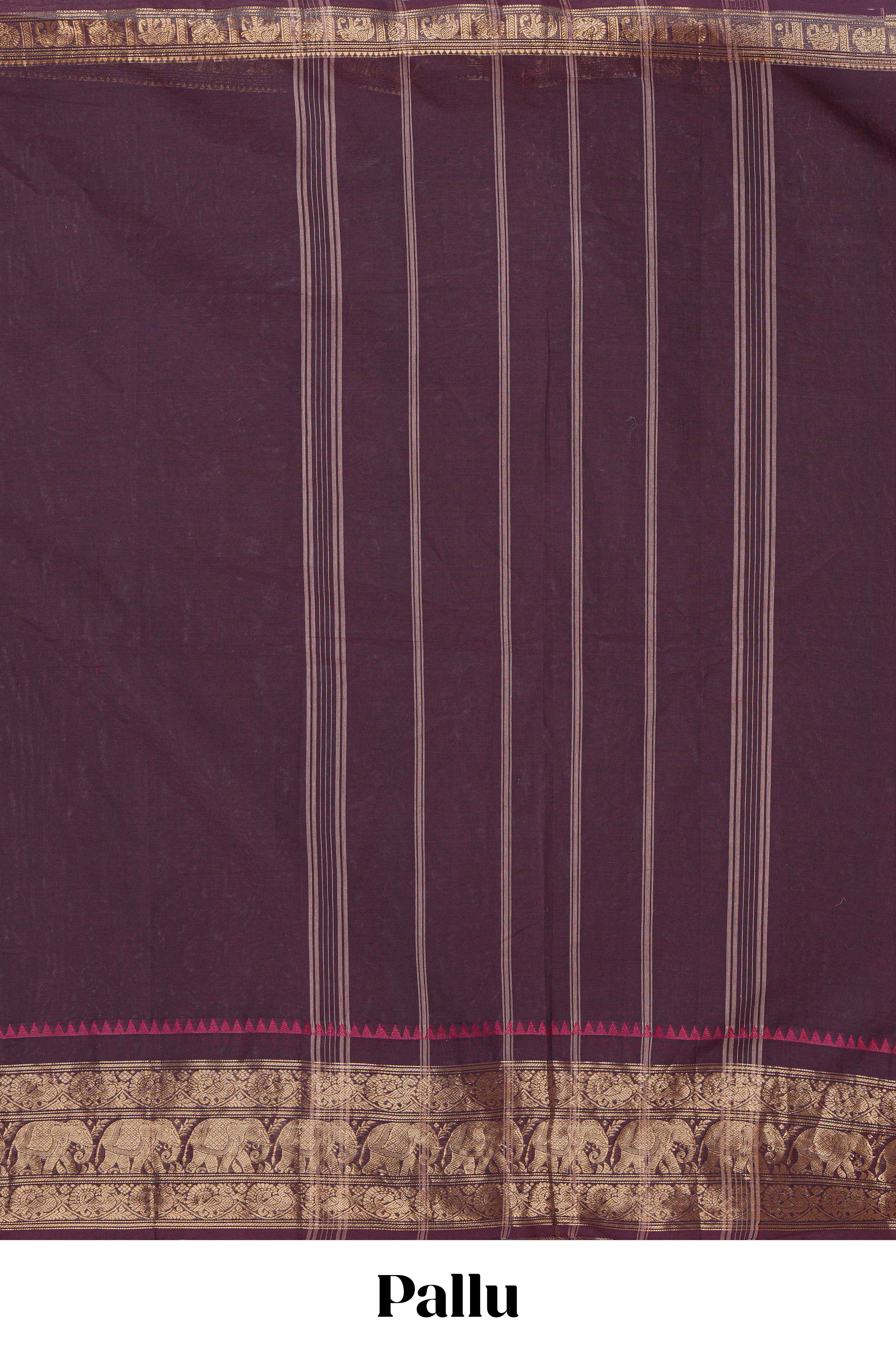 Deep coffee brown Chettinad cotton saree with a plain body antique gold zari elephant border along with matching blouse