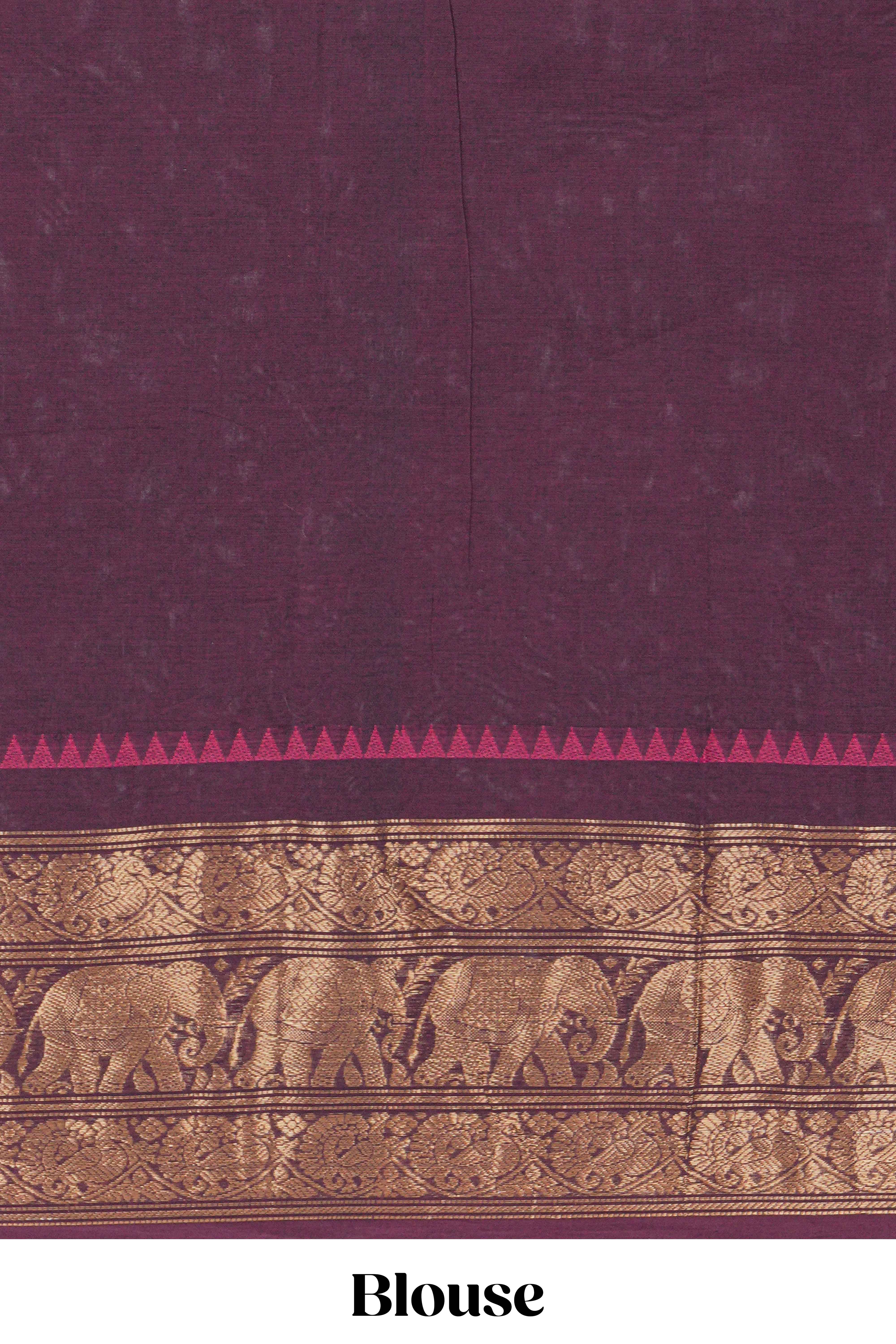 Deep coffee brown Chettinad cotton saree with a plain body antique gold zari elephant border along with matching blouse
