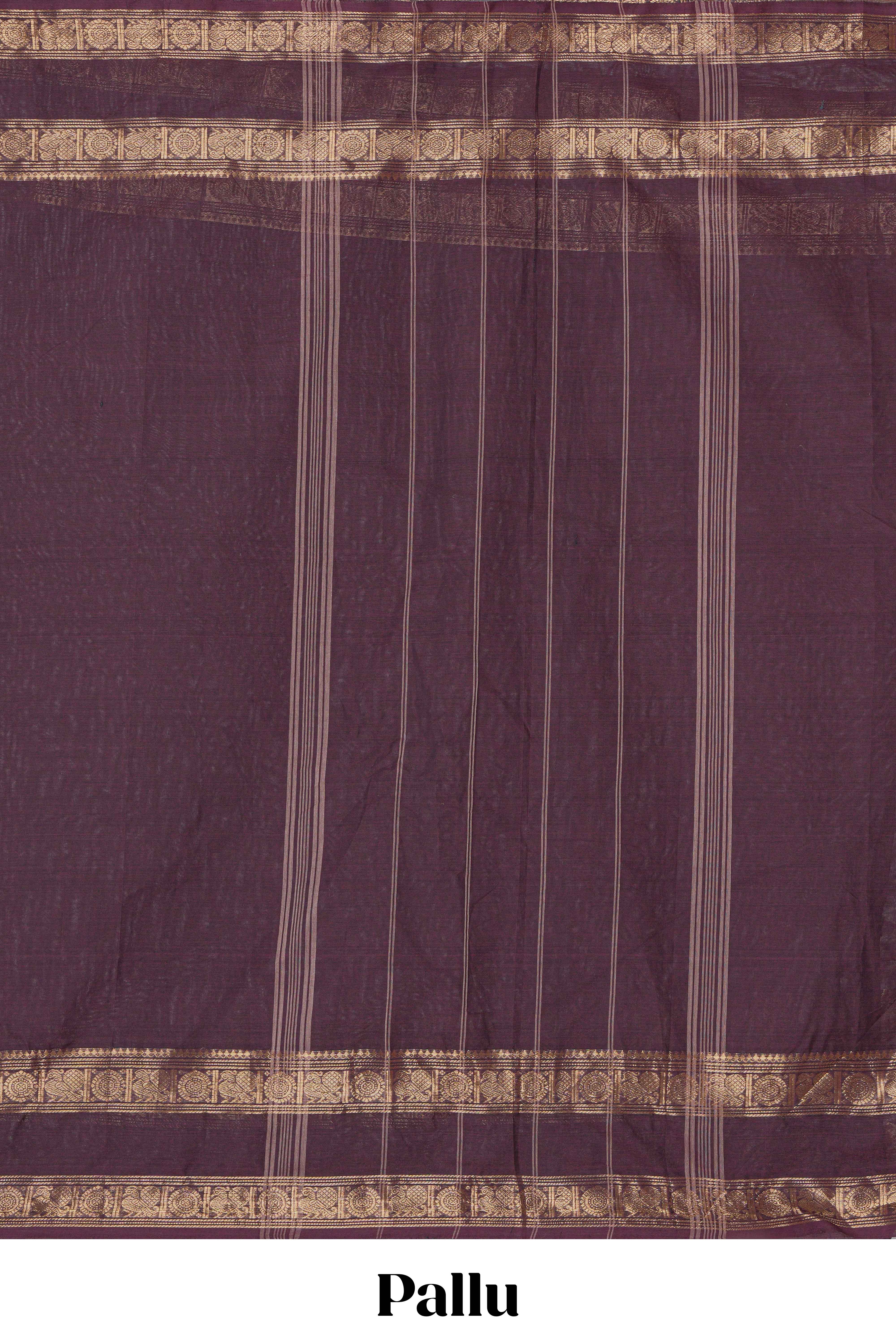 Coffee brown Chettinad cotton saree with a plain body antique gold zari elephant retta petta border along with matching blouse