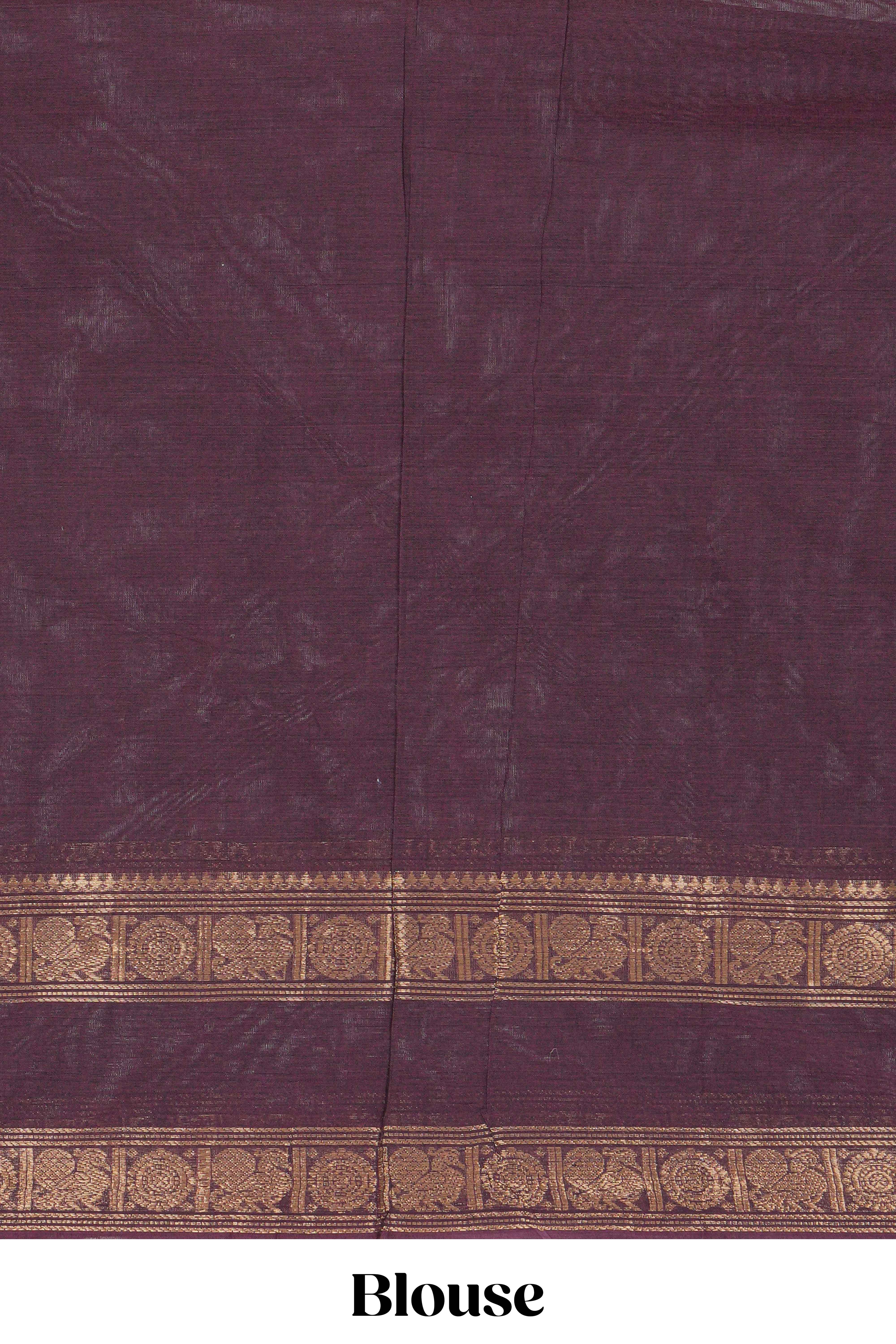 Coffee brown Chettinad cotton saree with a plain body antique gold zari elephant retta petta border along with matching blouse