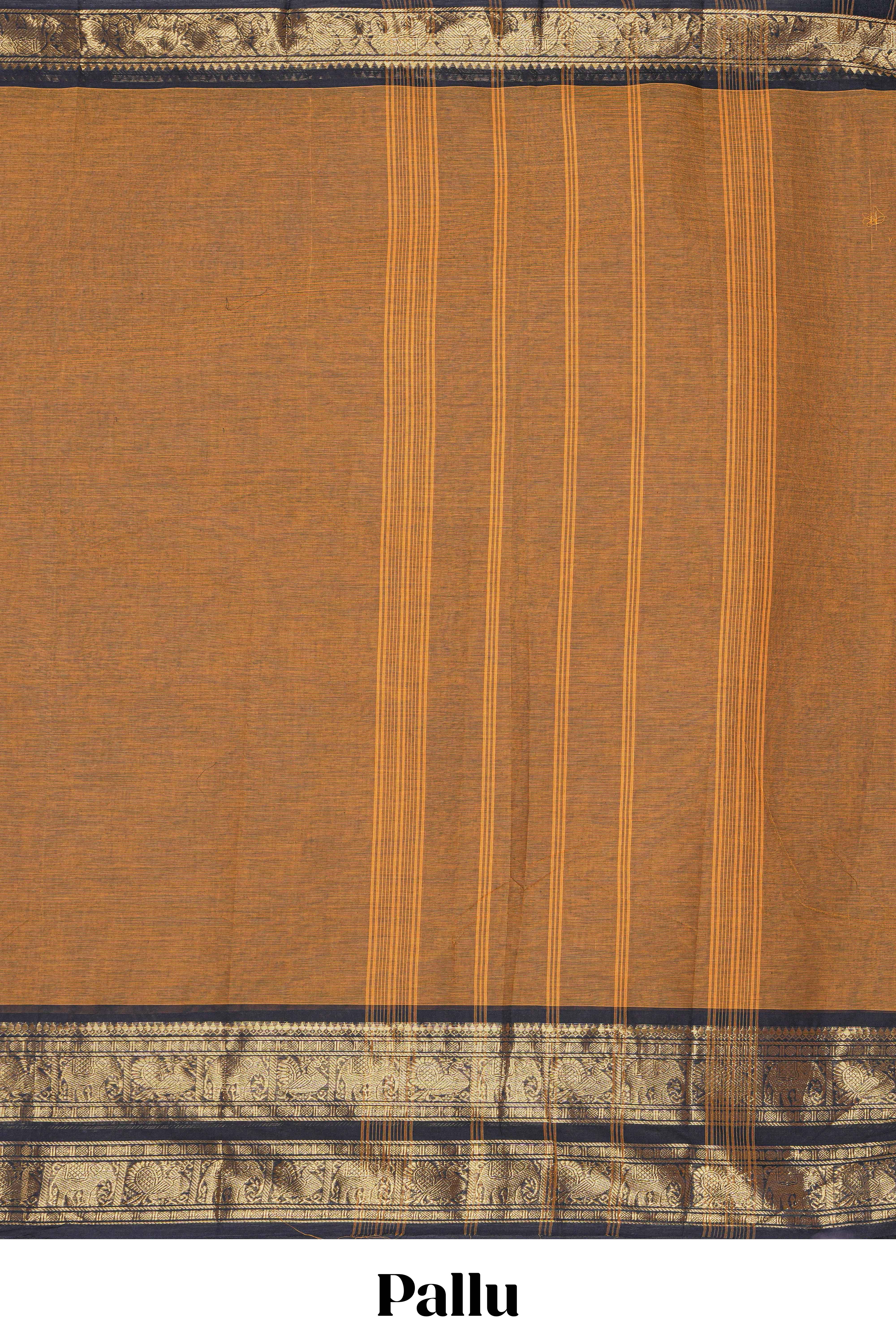 Deep Mustard yellow Chettinad cotton saree with a plain body antique gold zari elephant border along with matching blouse
