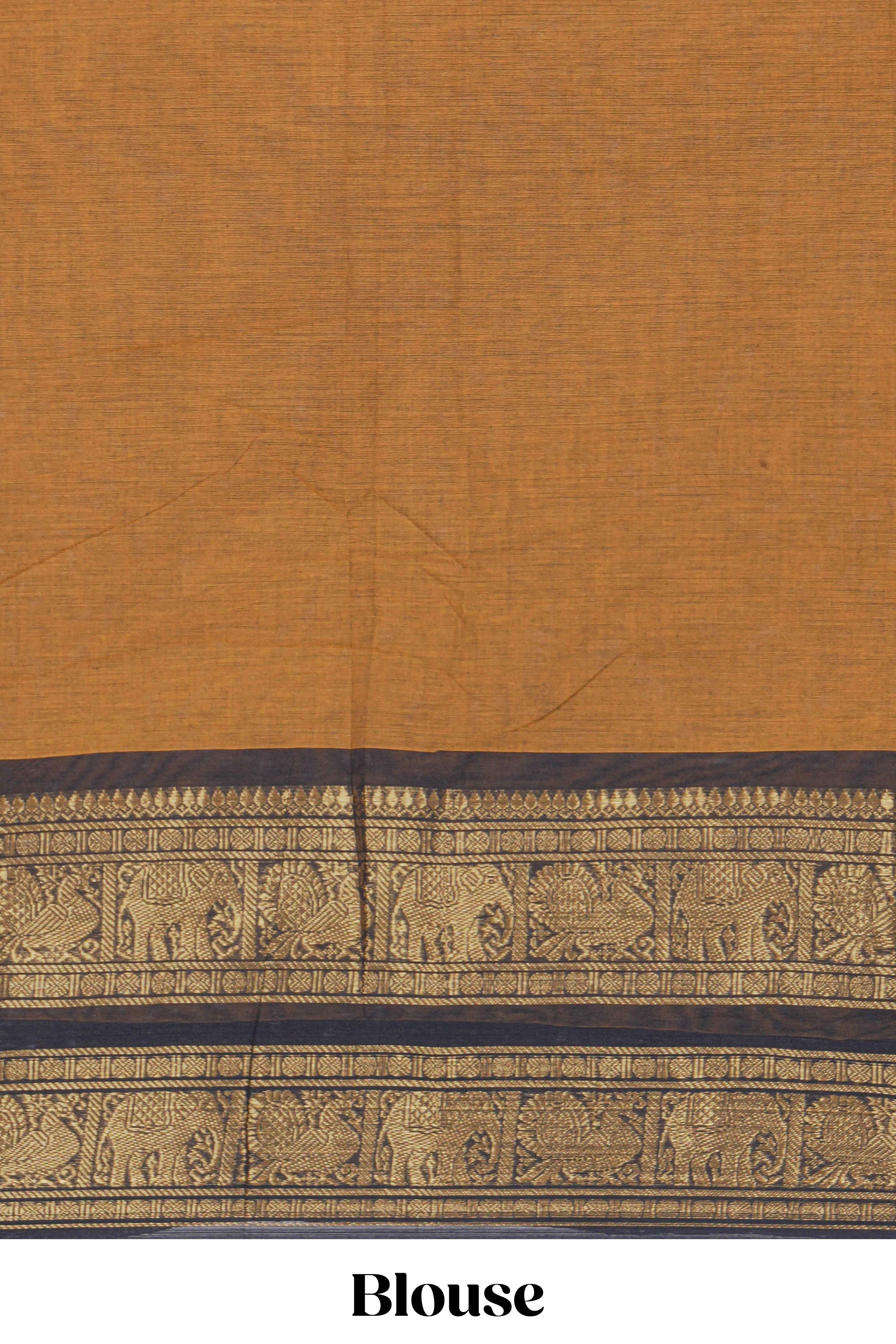 Deep Mustard yellow Chettinad cotton saree with a plain body antique gold zari elephant border along with matching blouse