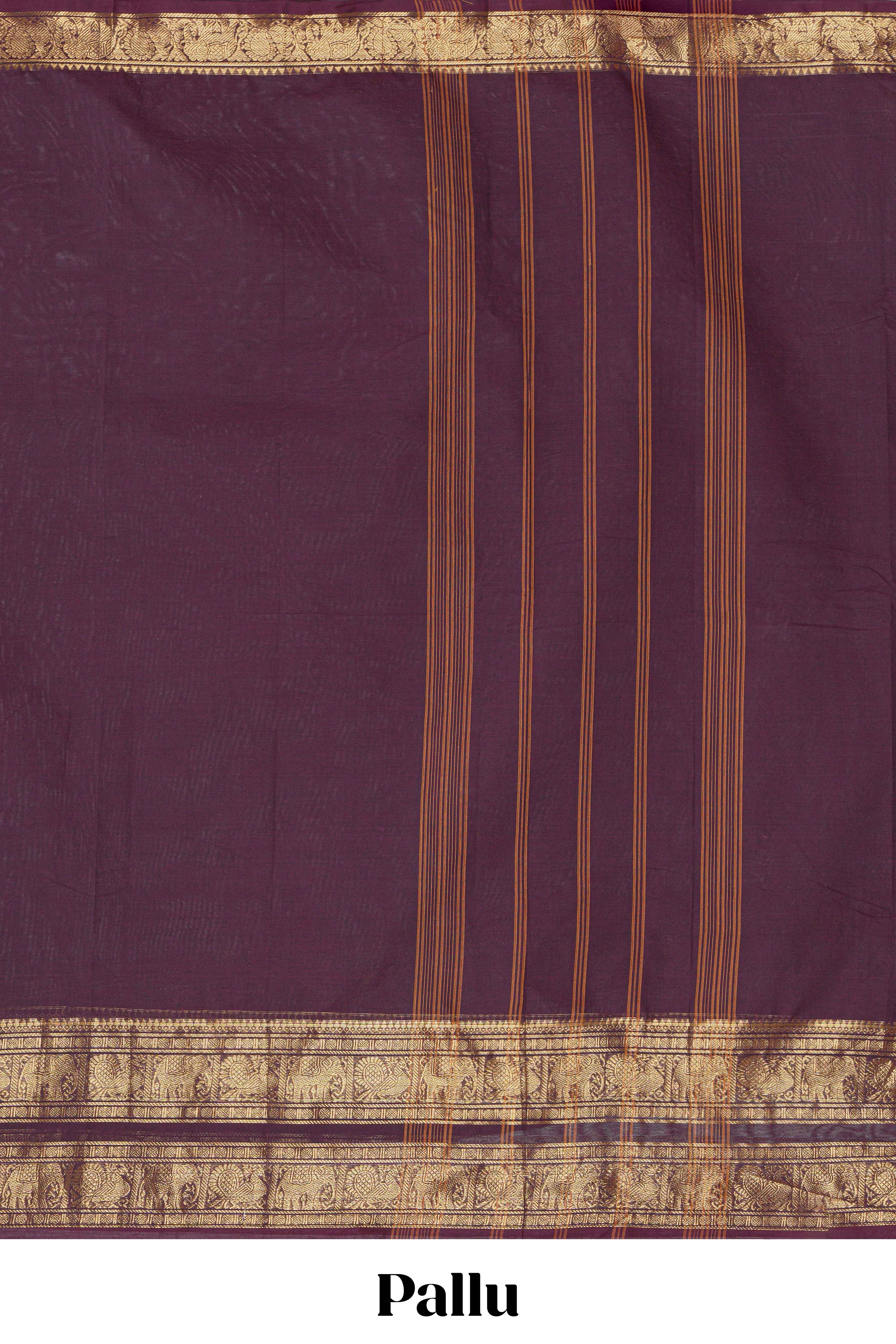 Dark brown Chettinad cotton saree with a plain body antique gold zari elephant retta petta border along with matching blouse