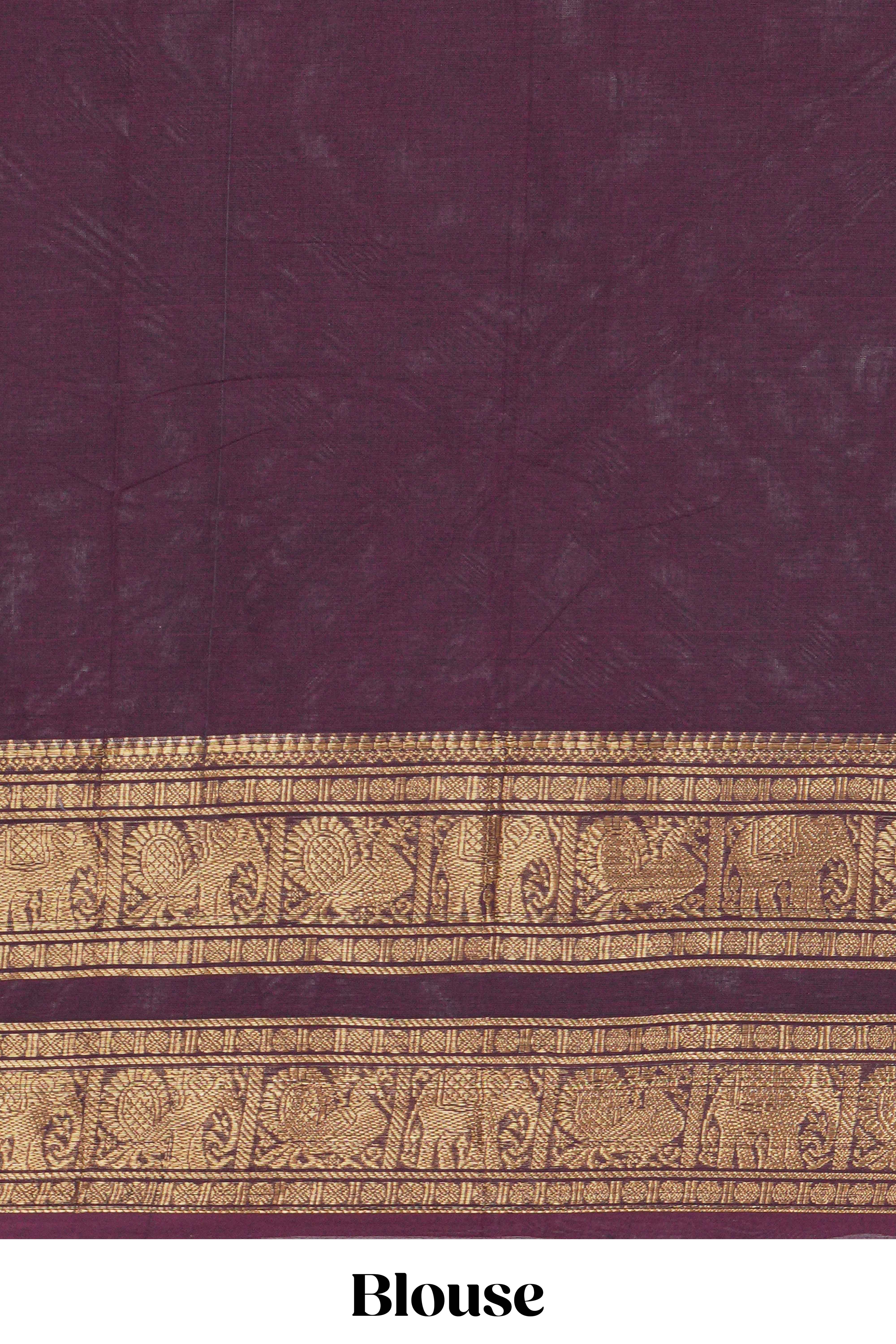 Dark brown Chettinad cotton saree with a plain body antique gold zari elephant retta petta border along with matching blouse