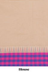 Cream Chettinad cotton saree with a plain body contrasting pink and royal blue checked border and classic temple motif detailing along with matching blouse
