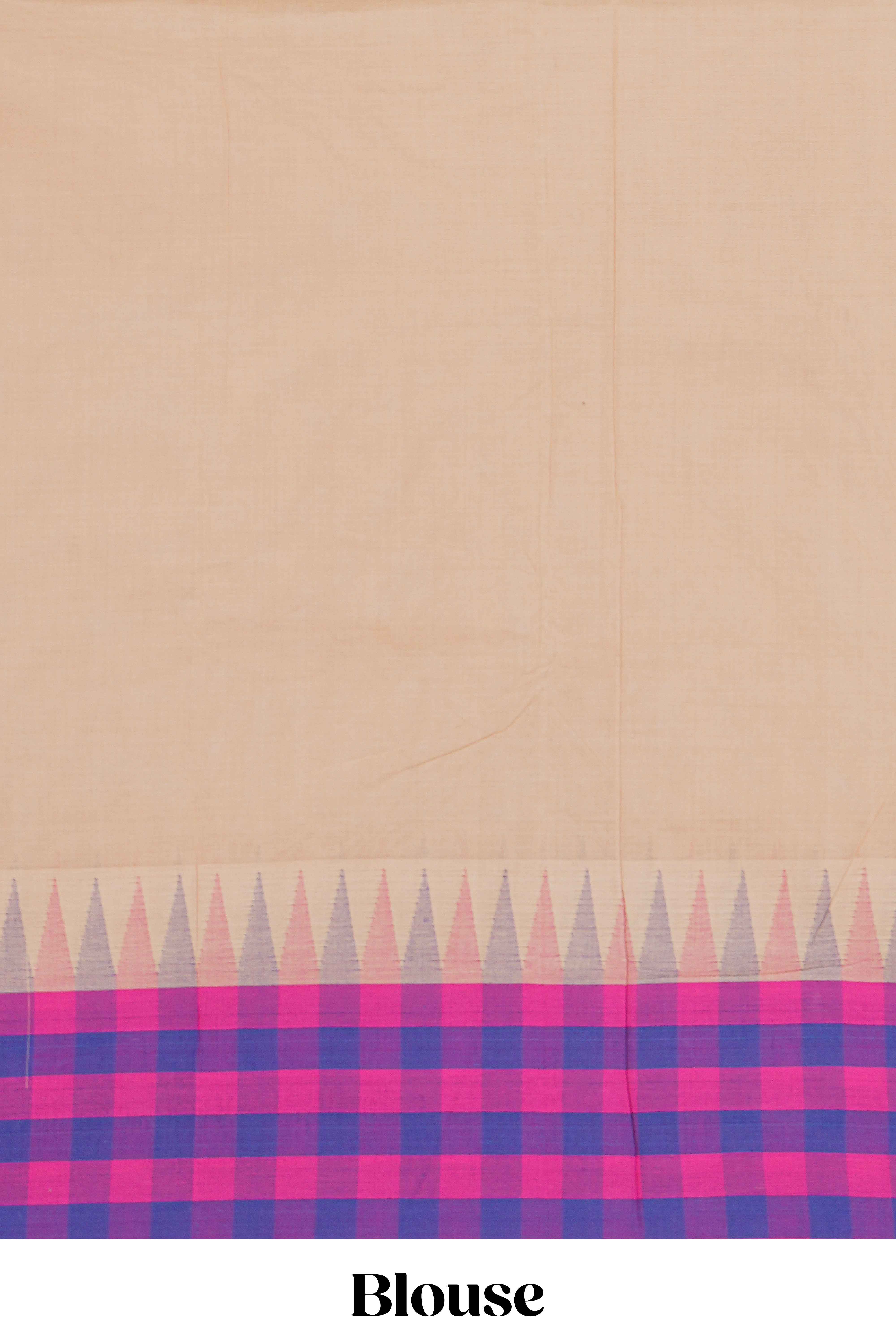 Cream Chettinad cotton saree with a plain body contrasting pink and royal blue checked border and classic temple motif detailing along with matching blouse