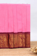 Pink plain chettinad cotton saree with contrast zari border and striped pallu