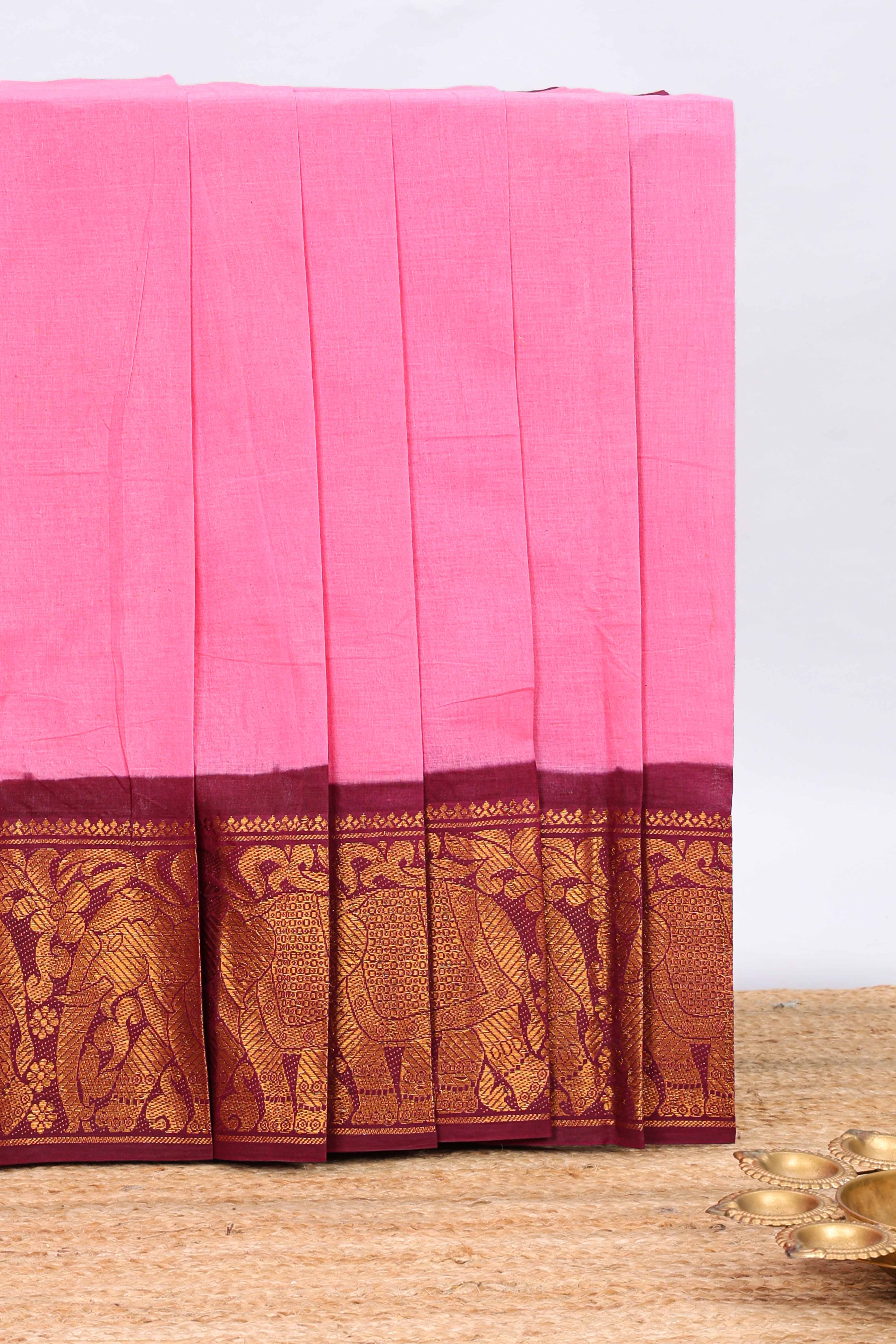 Pink plain chettinad cotton saree with contrast zari border and striped pallu