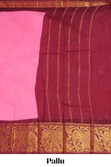 Pink plain chettinad cotton saree with contrast zari border and striped pallu