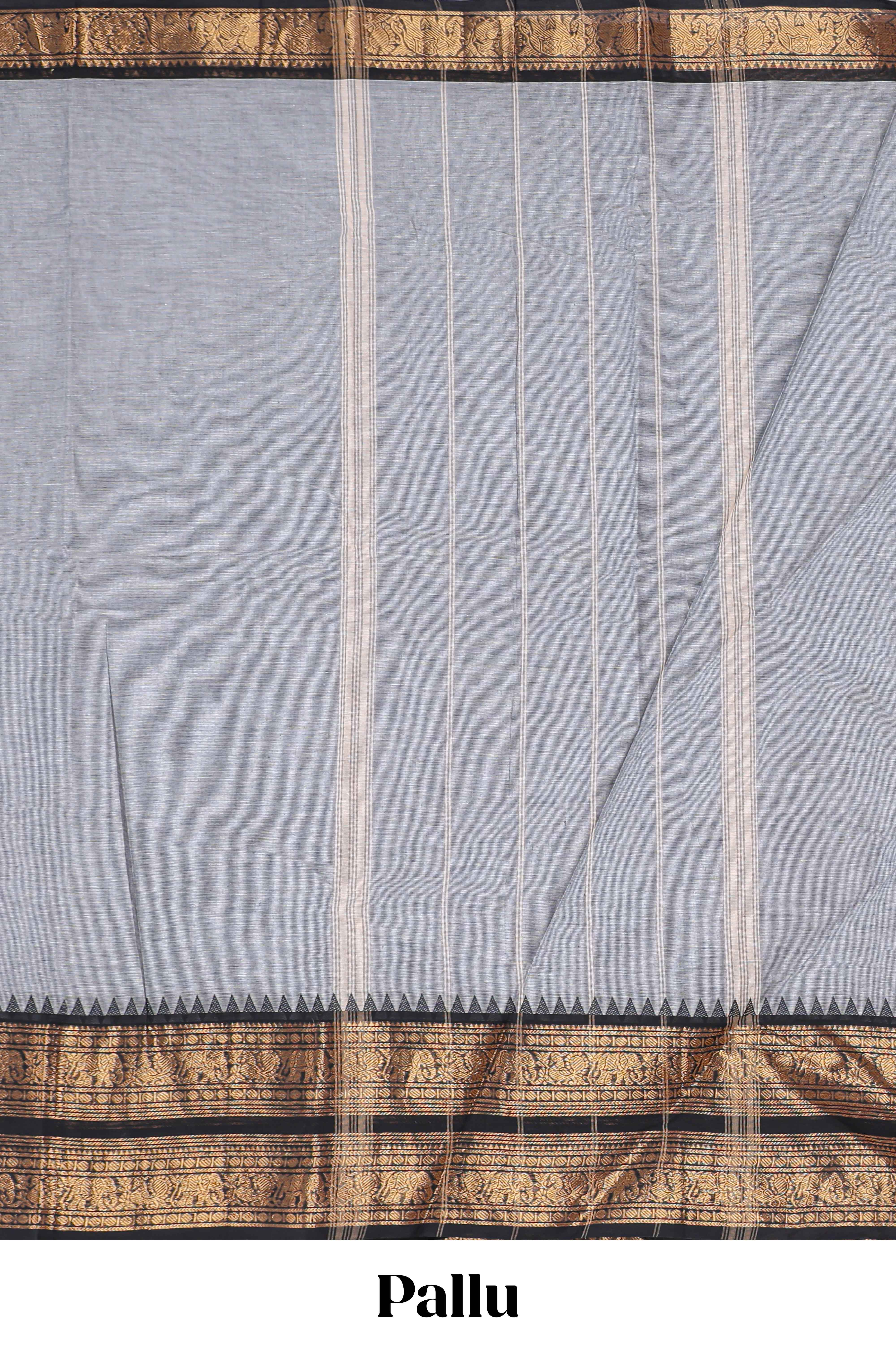 Grey plain chettinad cotton saree with contrast zari bentex border and matching blouse